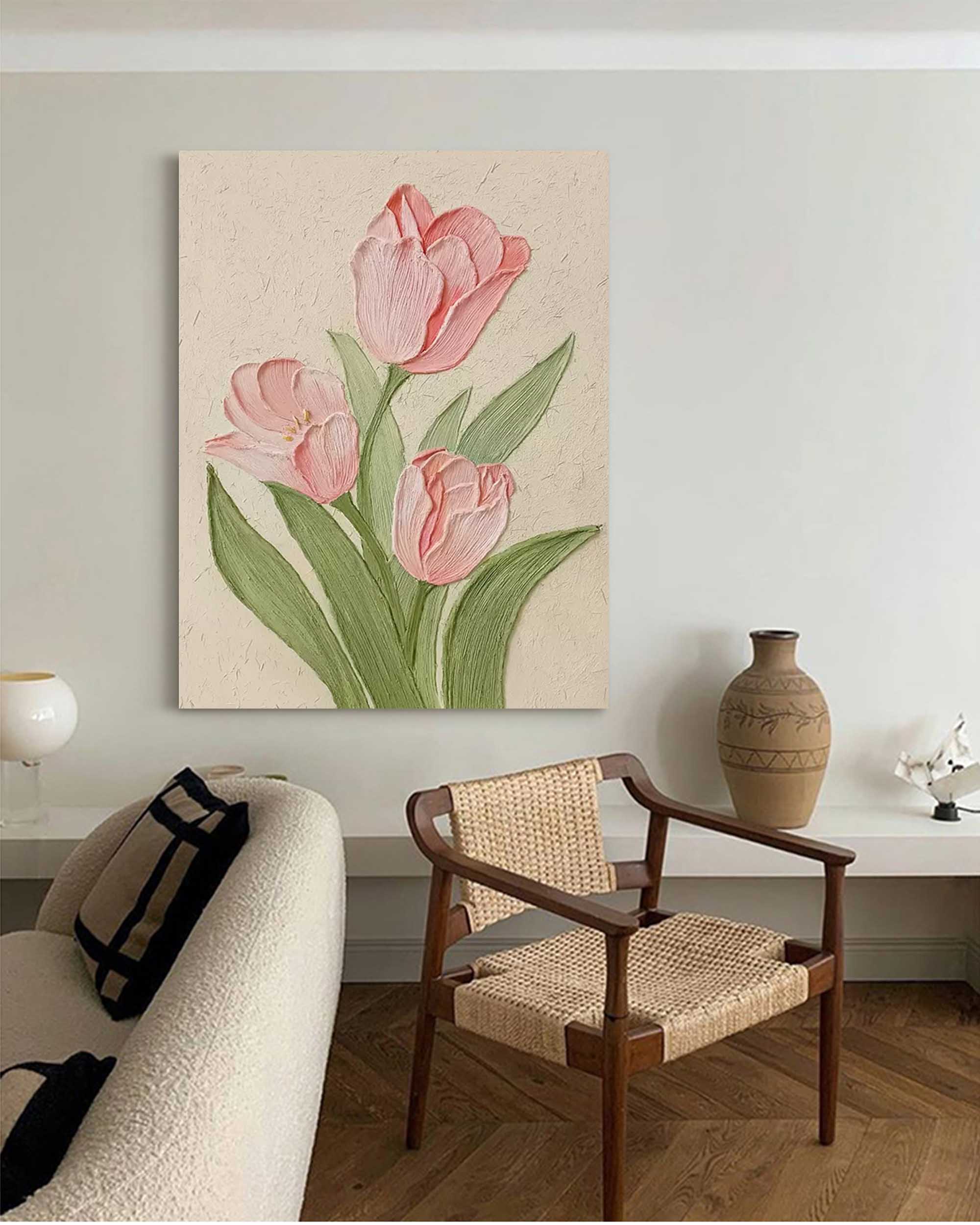 Blushing Tulips - Textured Pink Canvas Wall Art with Green Leaves