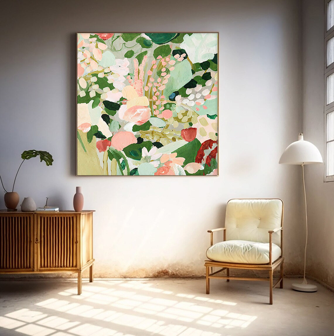 Garden Medley - Contemporary Pink and Green Abstract Floral Wall Art