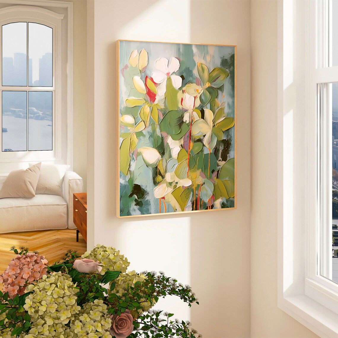 Botanical Impasto - Textured Floral Oil Painting with White Flowers