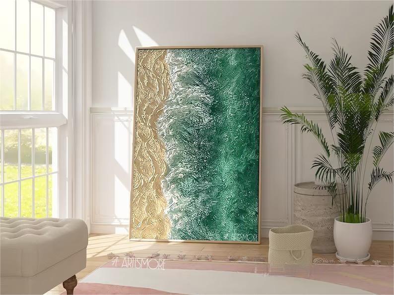 Emerald Shore - Textured 3D Ocean Painting and Coastal Wall Art