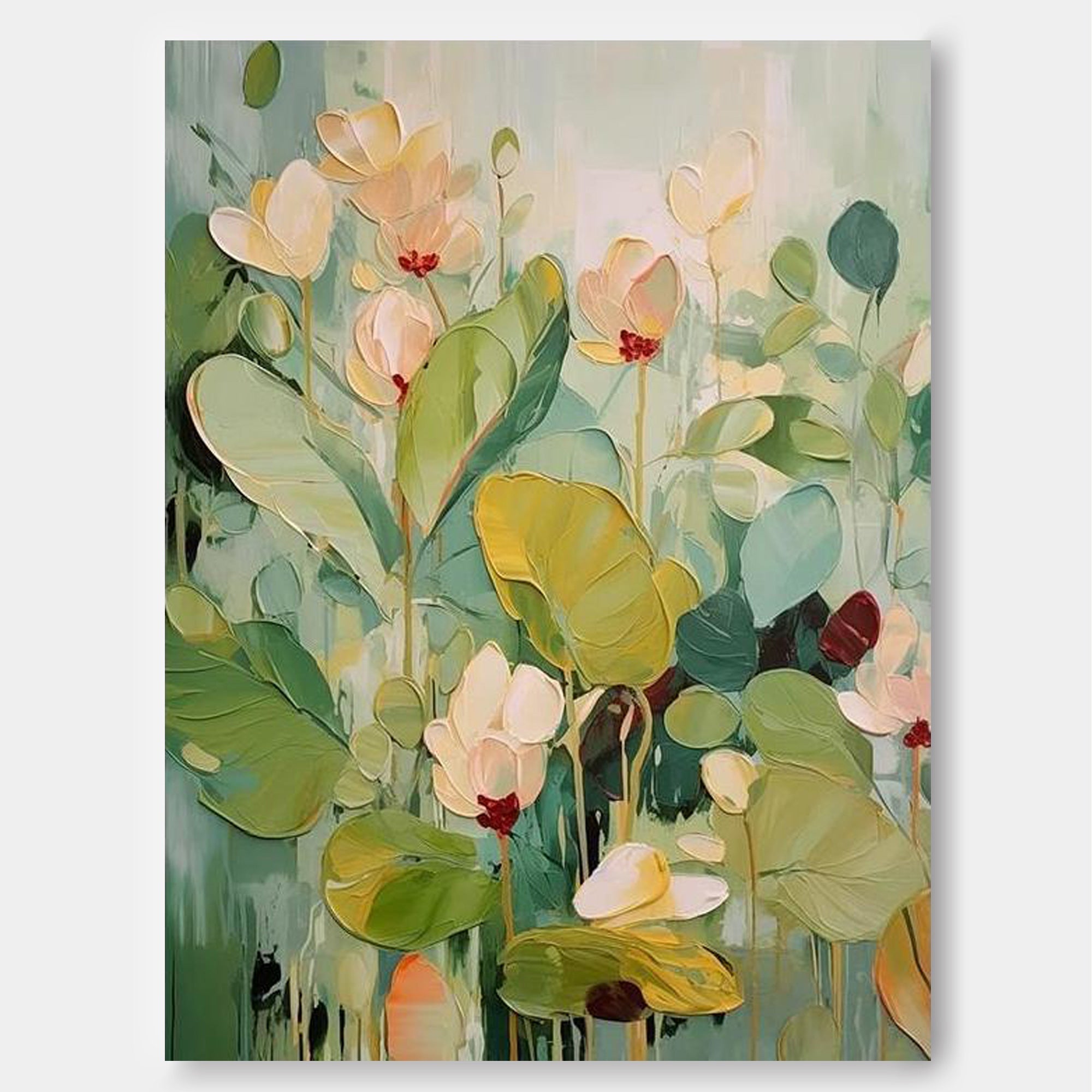 Serene Water Garden - Textured Lotus Flower Canvas Painting