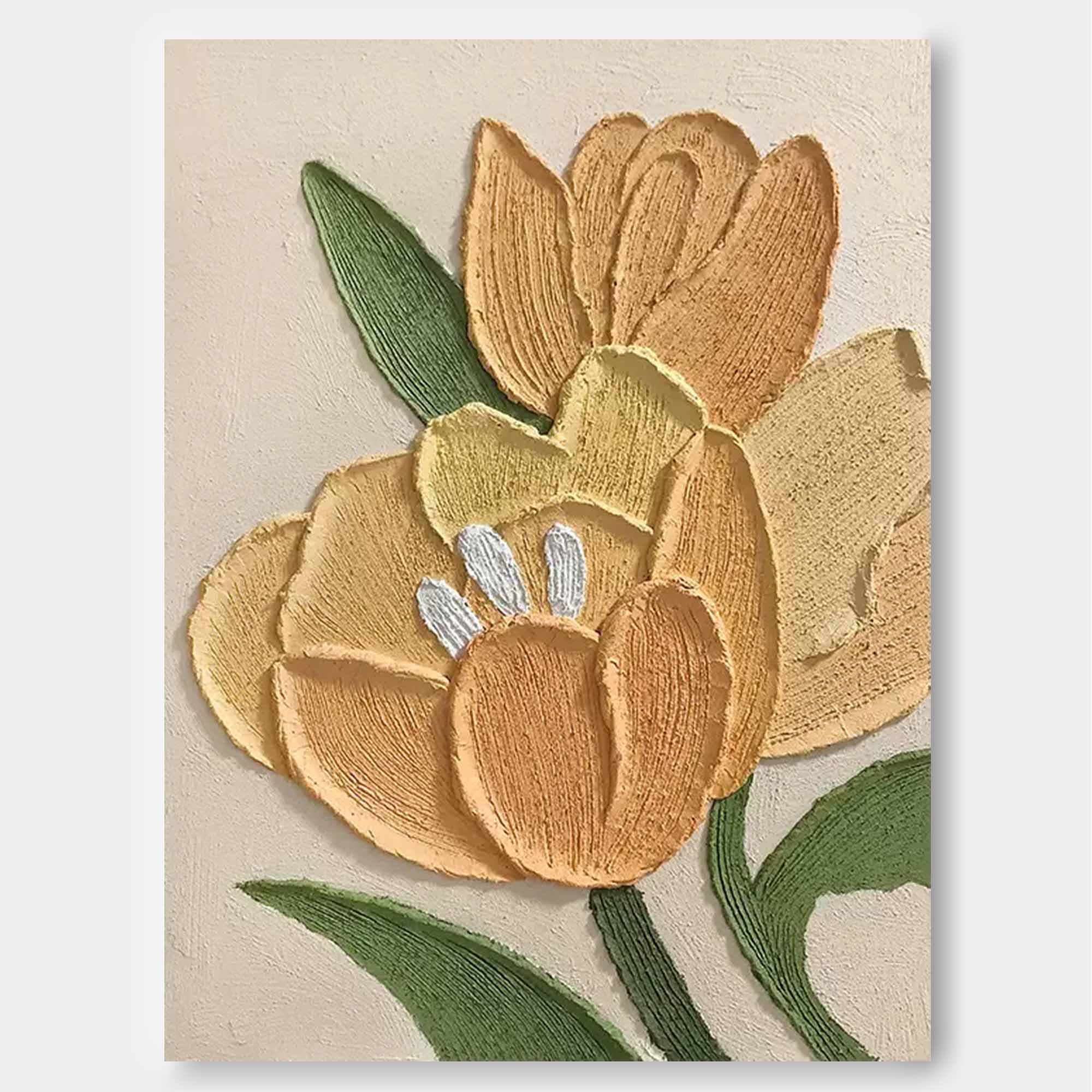 Golden Hour Tulips - Textured Yellow Tree Painting with White Accents