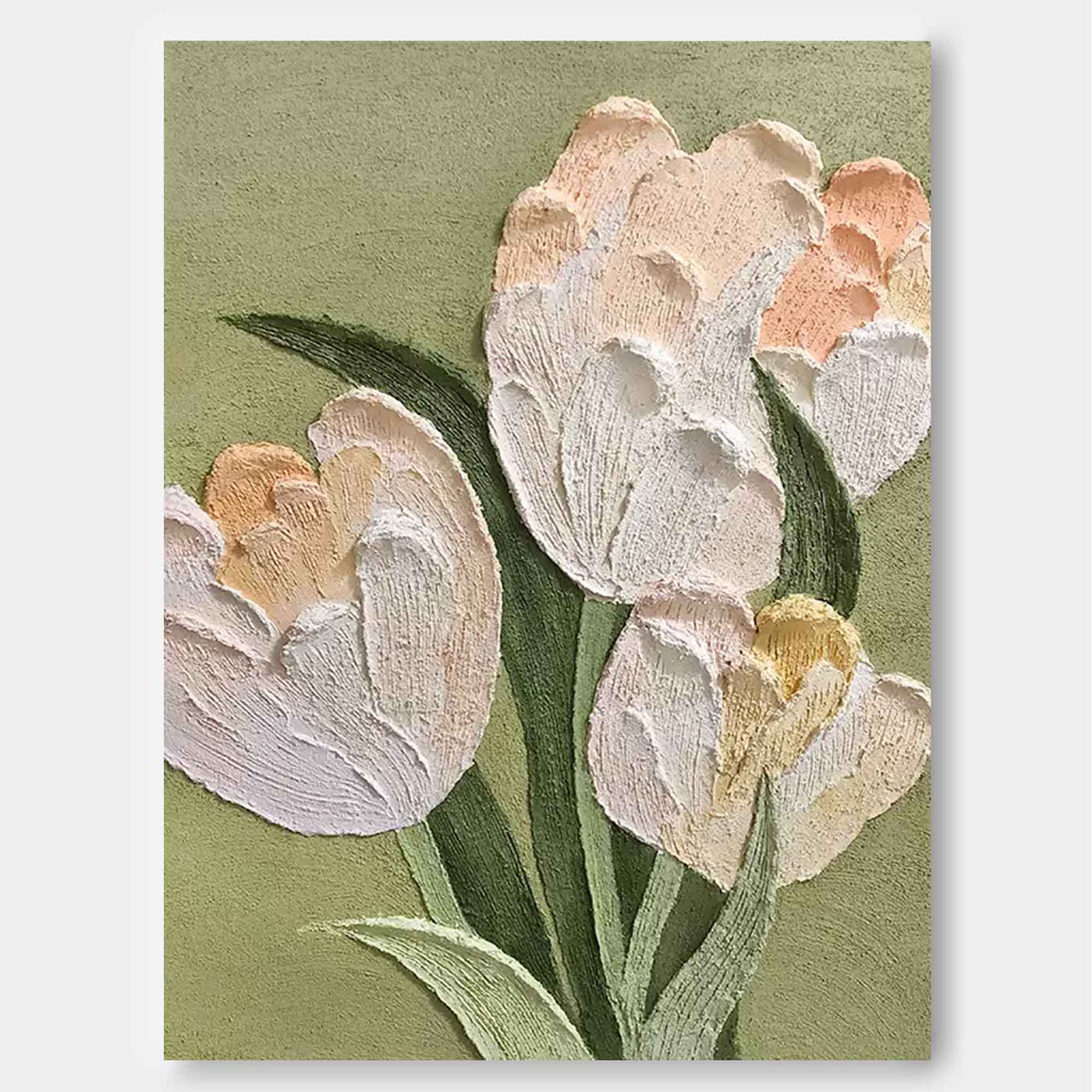 Sage Garden - Green and Peach Sculptural Wall Art, Impasto Floral Painting