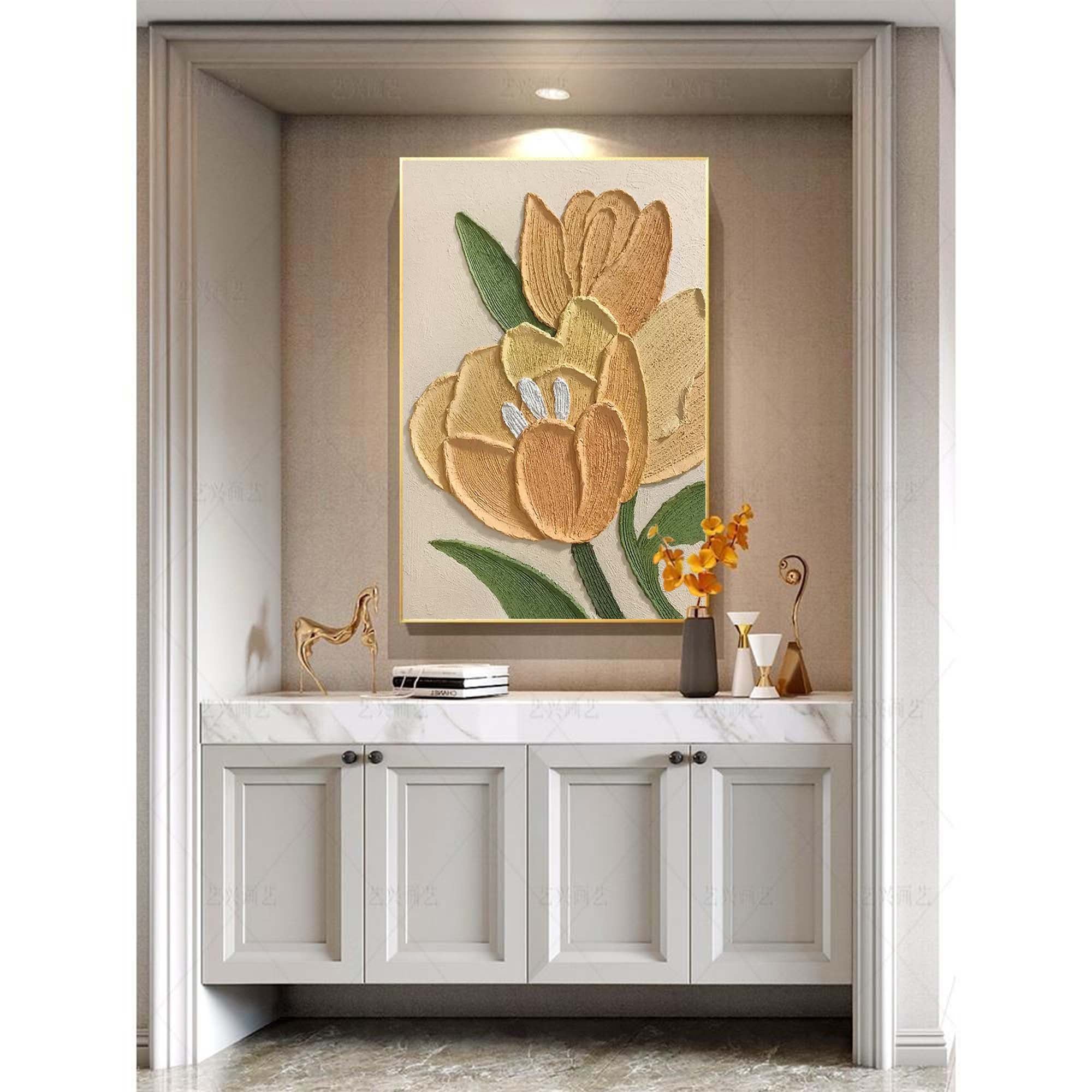 Golden Hour Tulips - Textured Yellow Tree Painting with White Accents