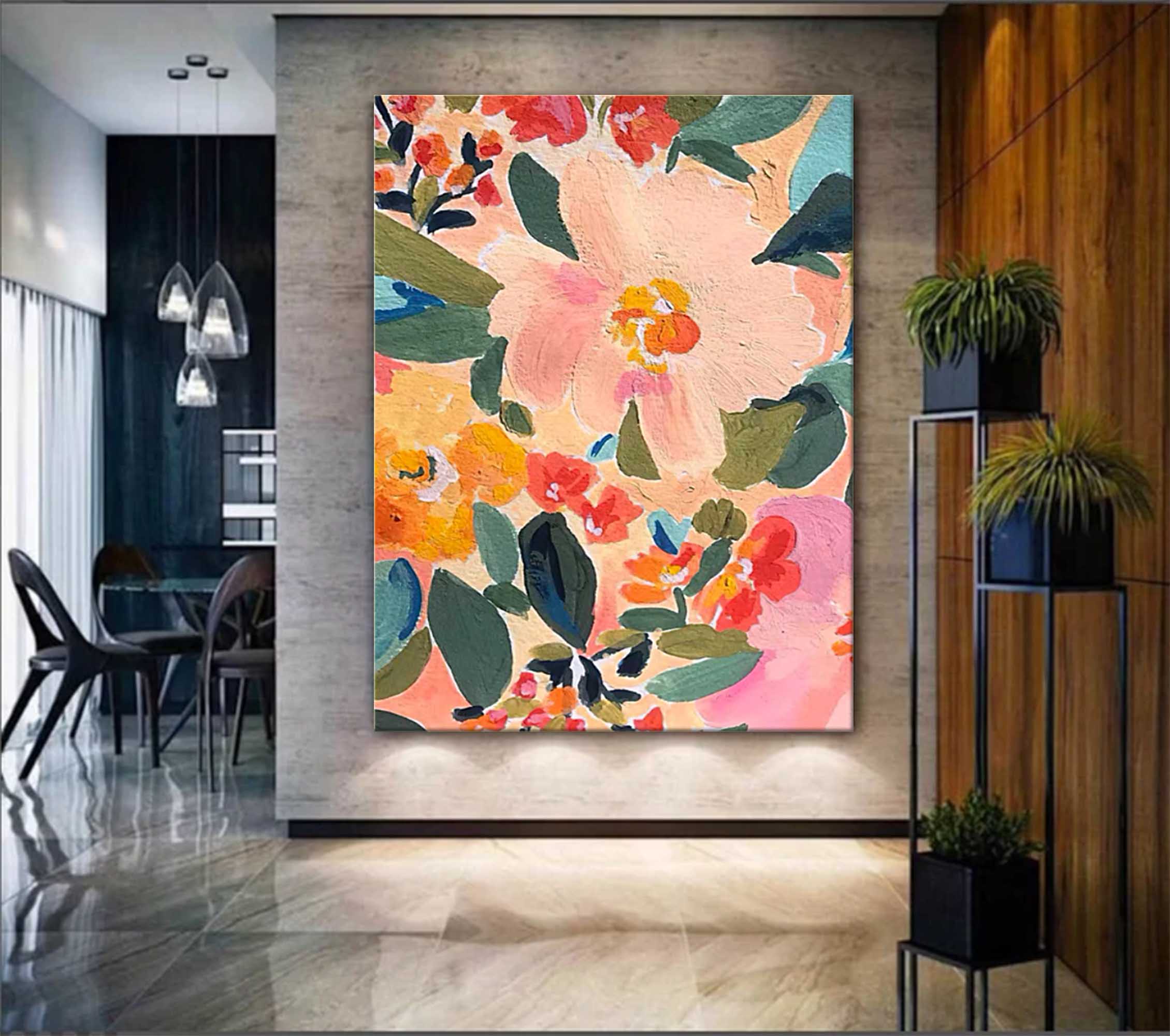 Garden Party - Contemporary Floral Oil Painting, Colorful Peach Wall Art