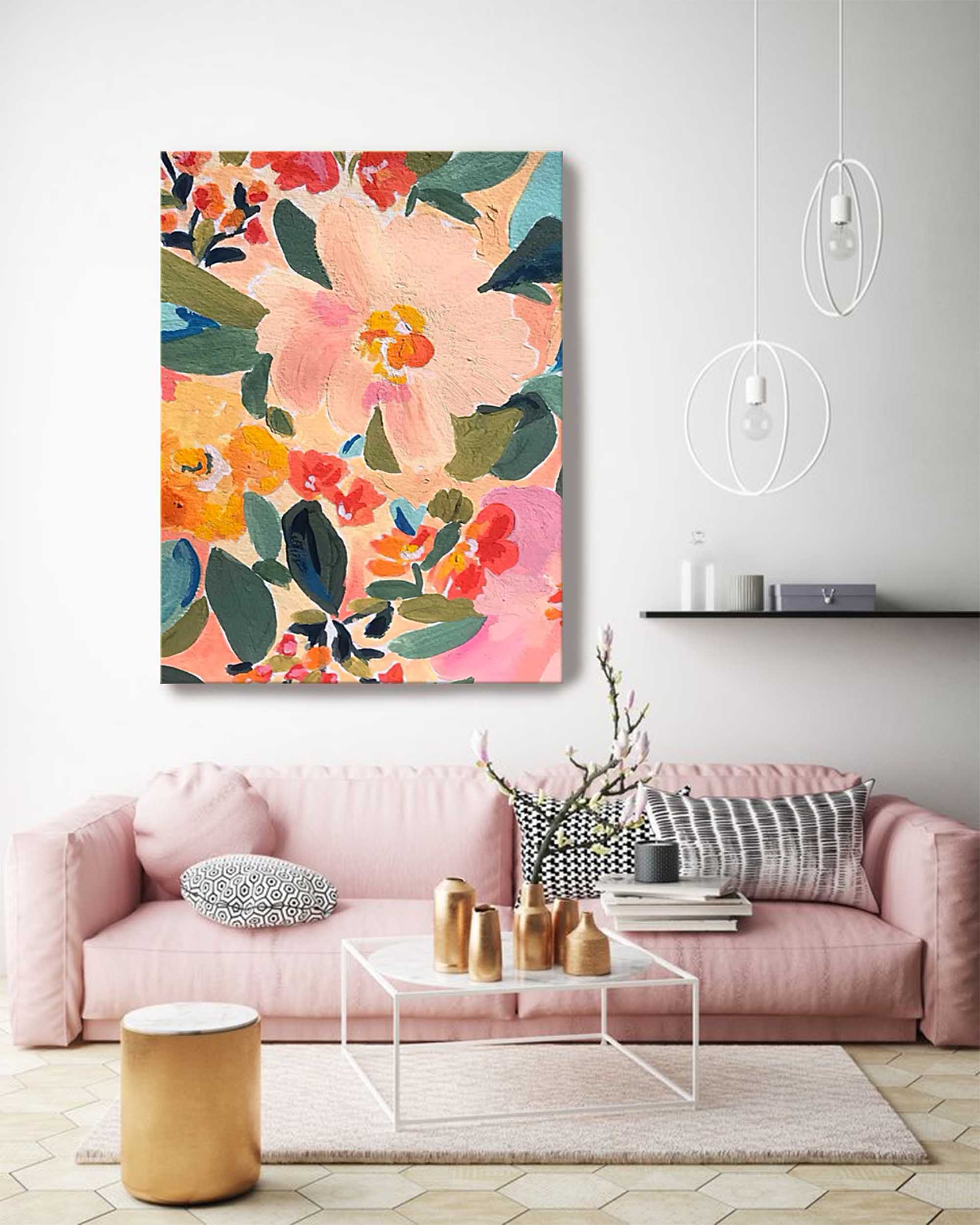 Garden Party - Contemporary Floral Oil Painting, Colorful Peach Wall Art