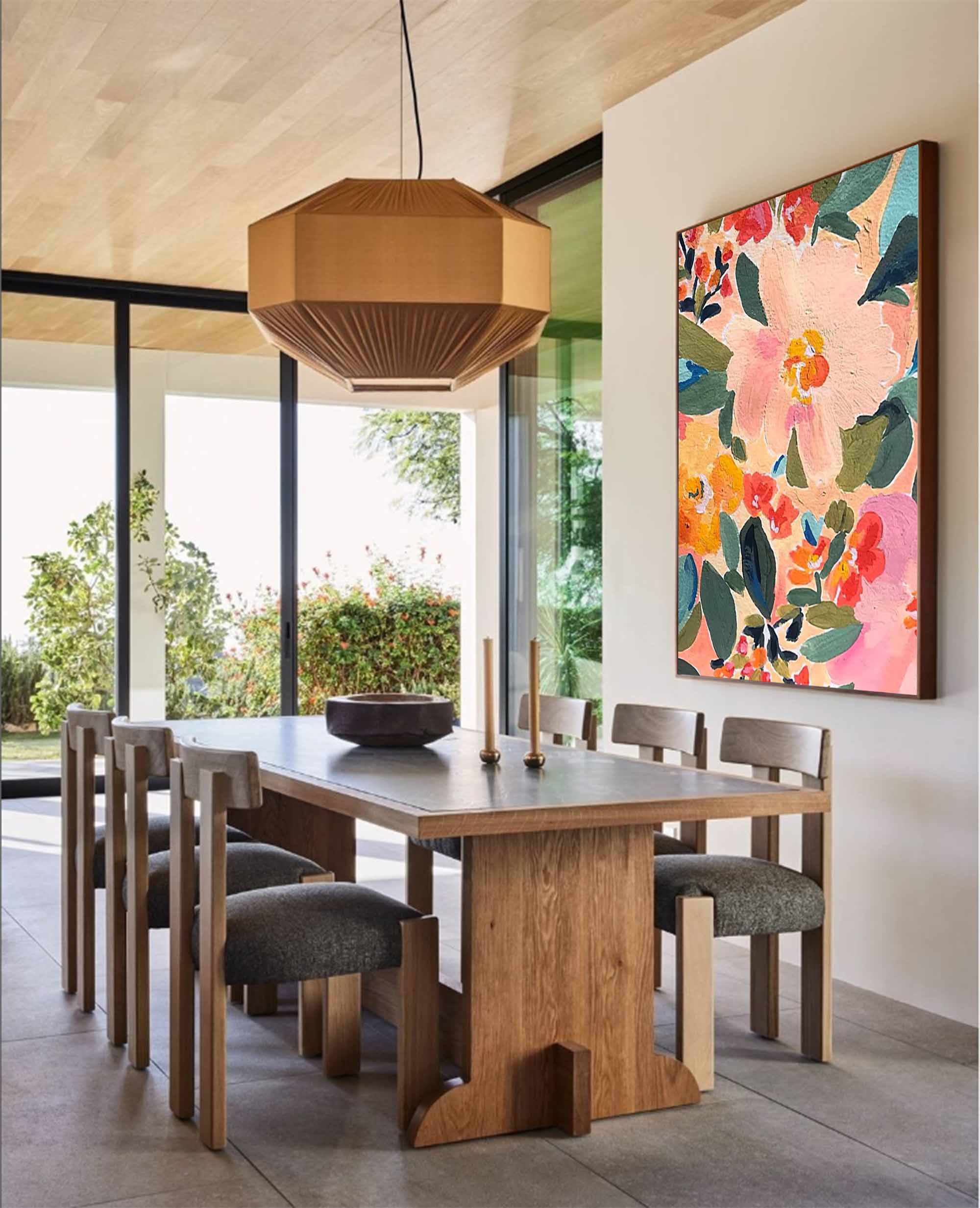 Garden Party - Contemporary Floral Oil Painting, Colorful Peach Wall Art