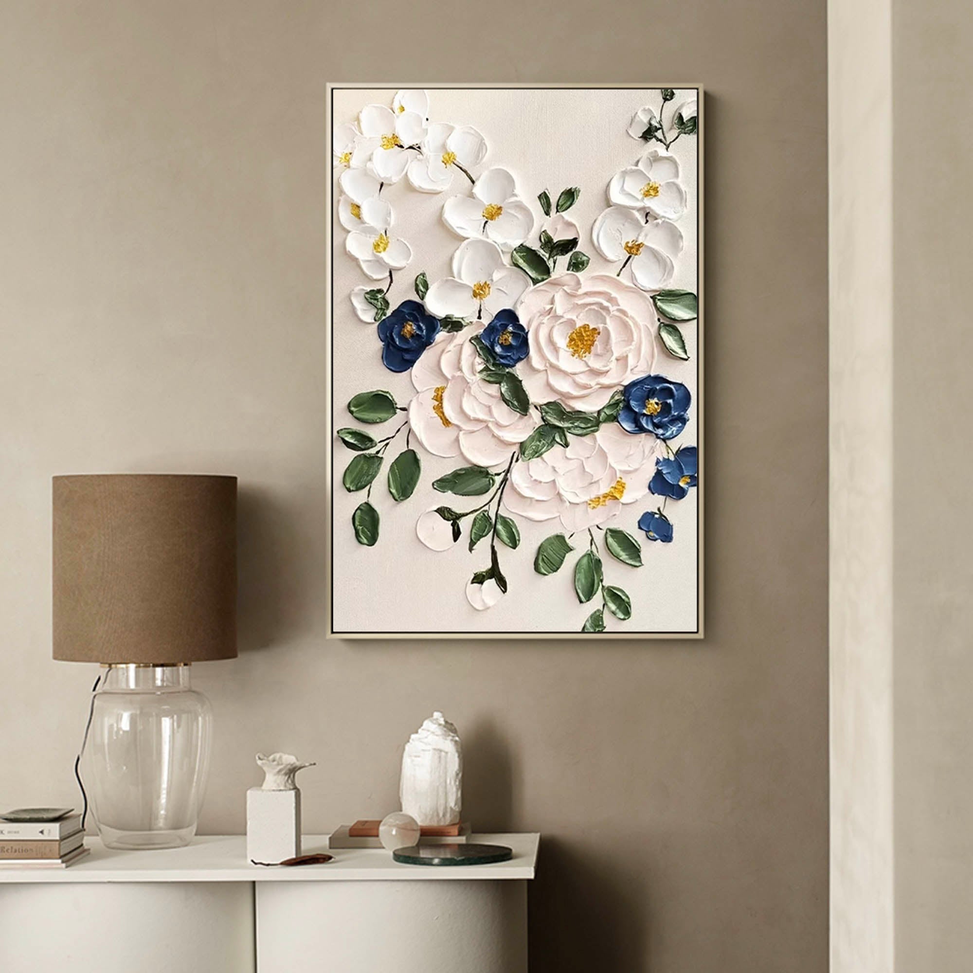 Timeless Bouquet - Elegant 3D White Flower Wall Art with Blue Accents