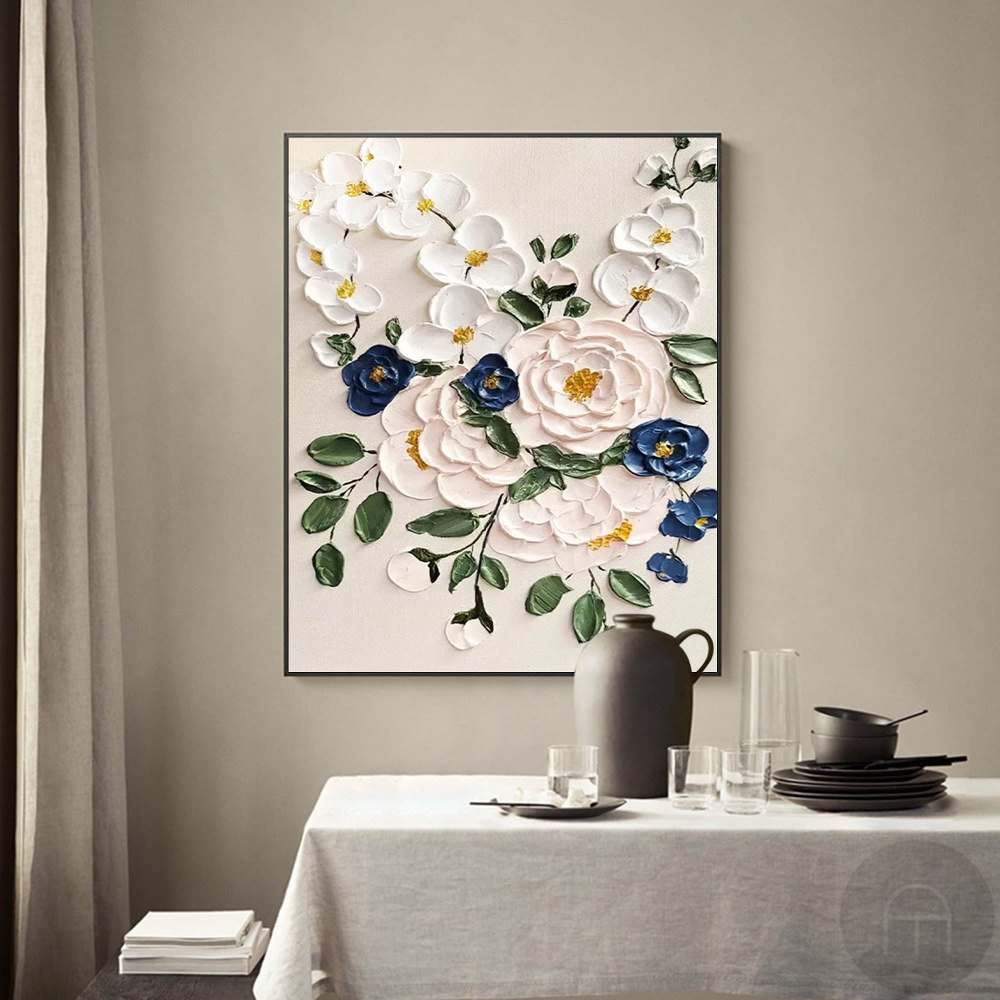 Timeless Bouquet - Elegant 3D White Flower Wall Art with Blue Accents
