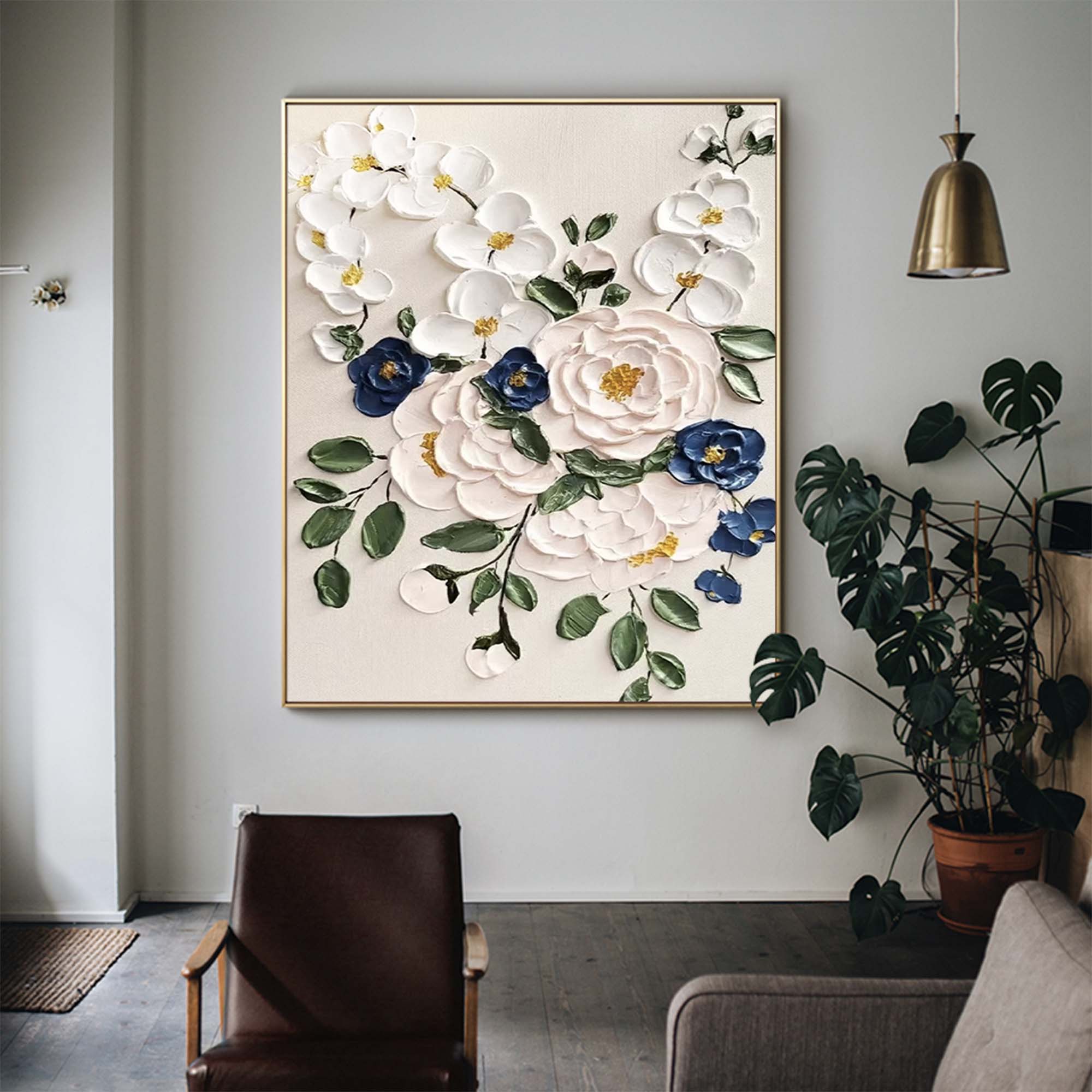 Timeless Bouquet - Elegant 3D White Flower Wall Art with Blue Accents