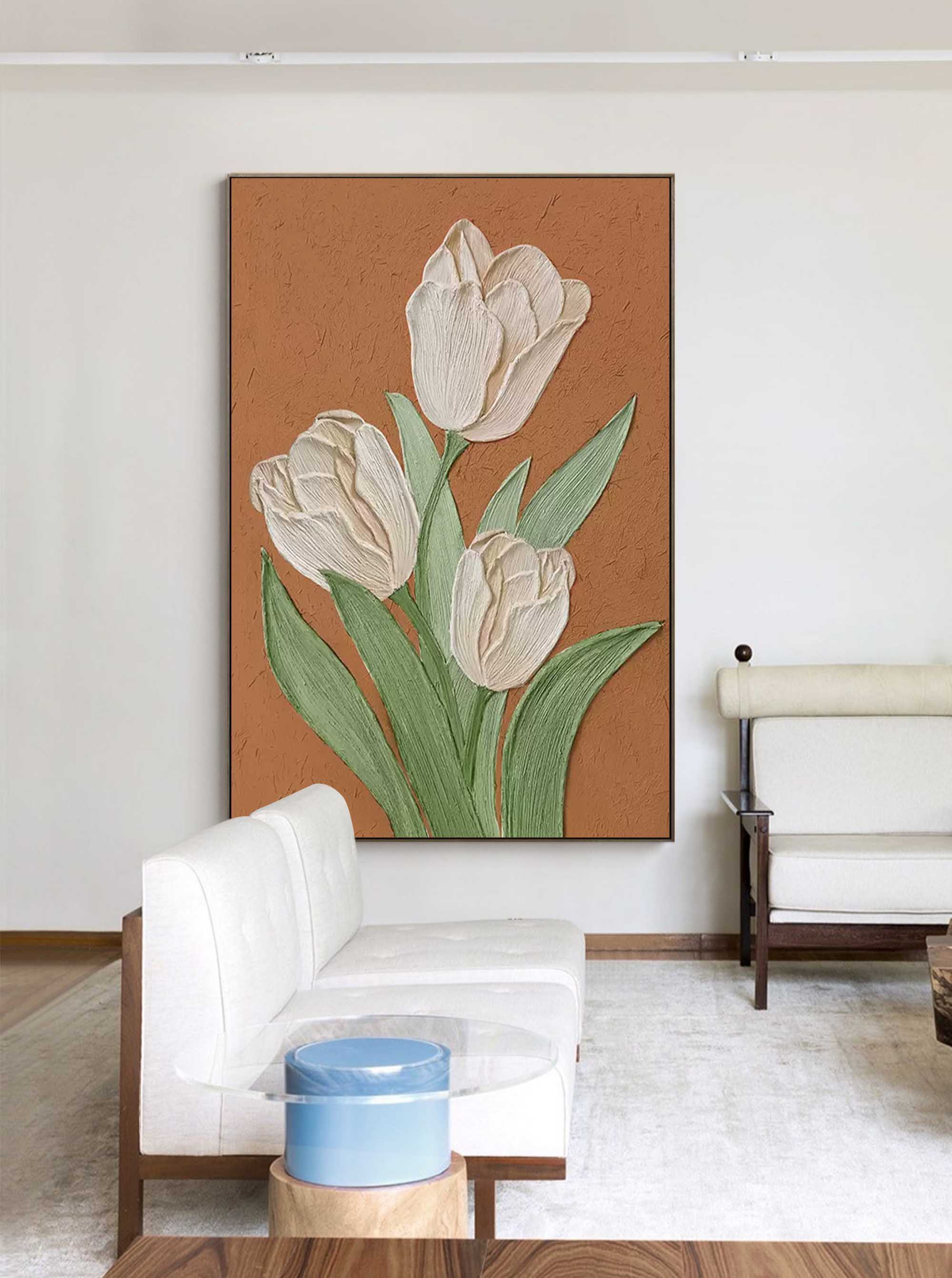 Earthen Tulips - Textured Terracotta and White Tulip Wall Art