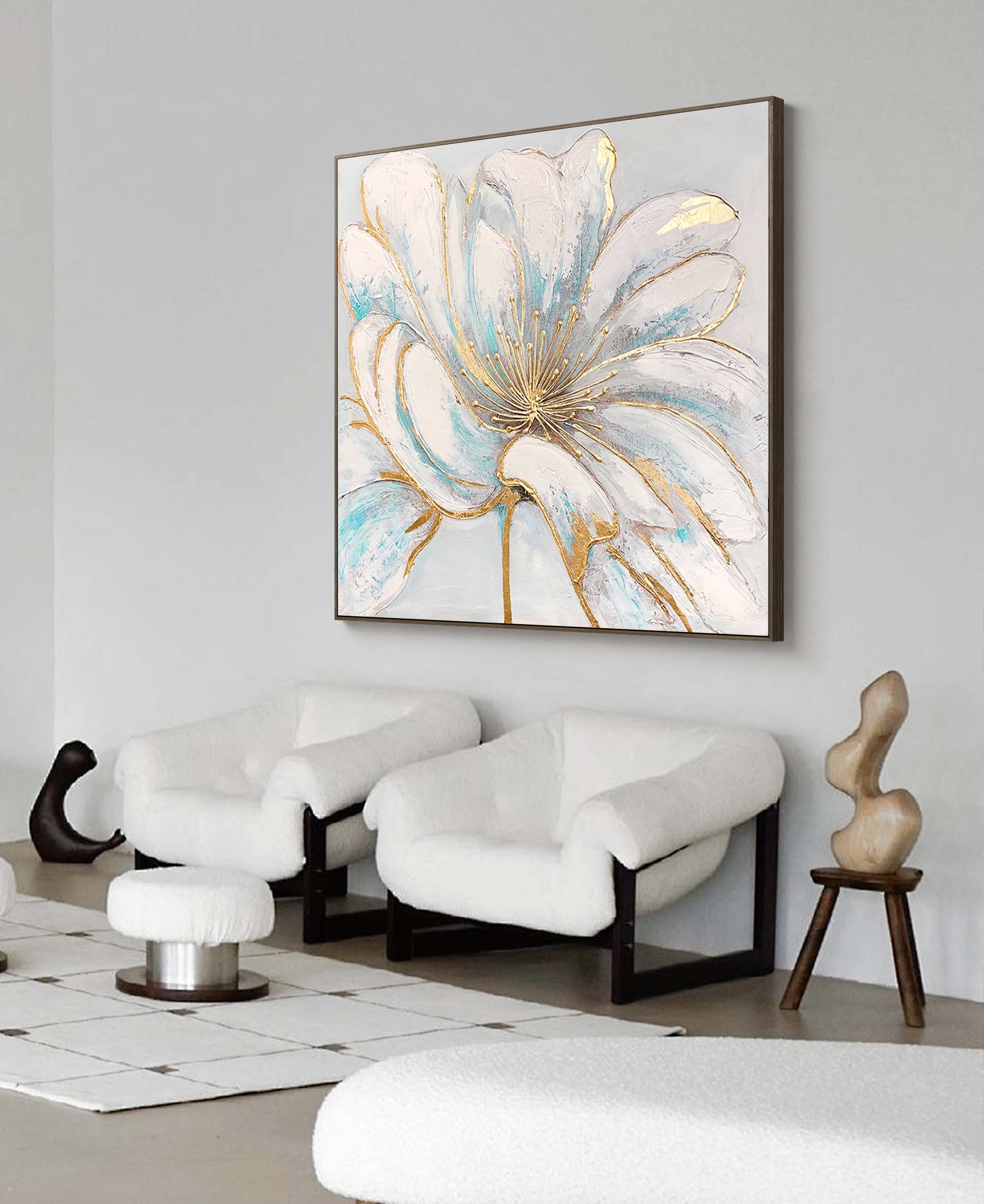 Gilded Bloom - Elegant White Gold Wall Art, Modern Floral Painting