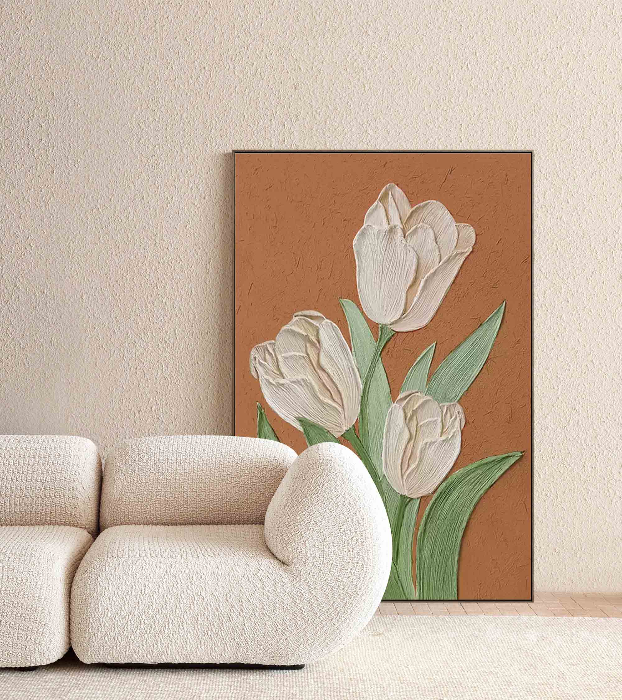 Earthen Tulips - Textured Terracotta and White Tulip Wall Art