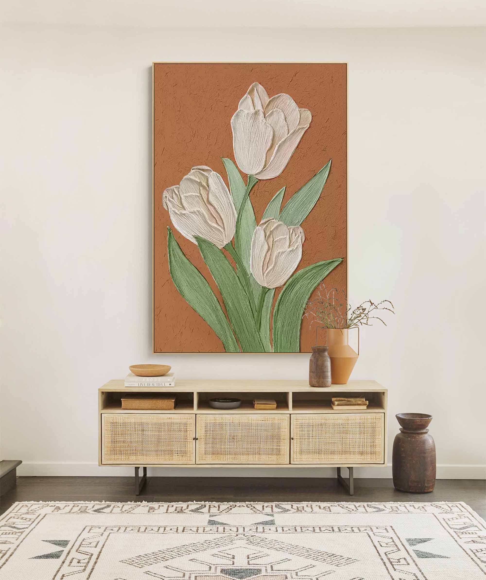 Earthen Tulips - Textured Terracotta and White Tulip Wall Art