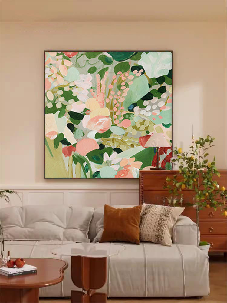 Garden Medley - Contemporary Pink and Green Abstract Floral Wall Art