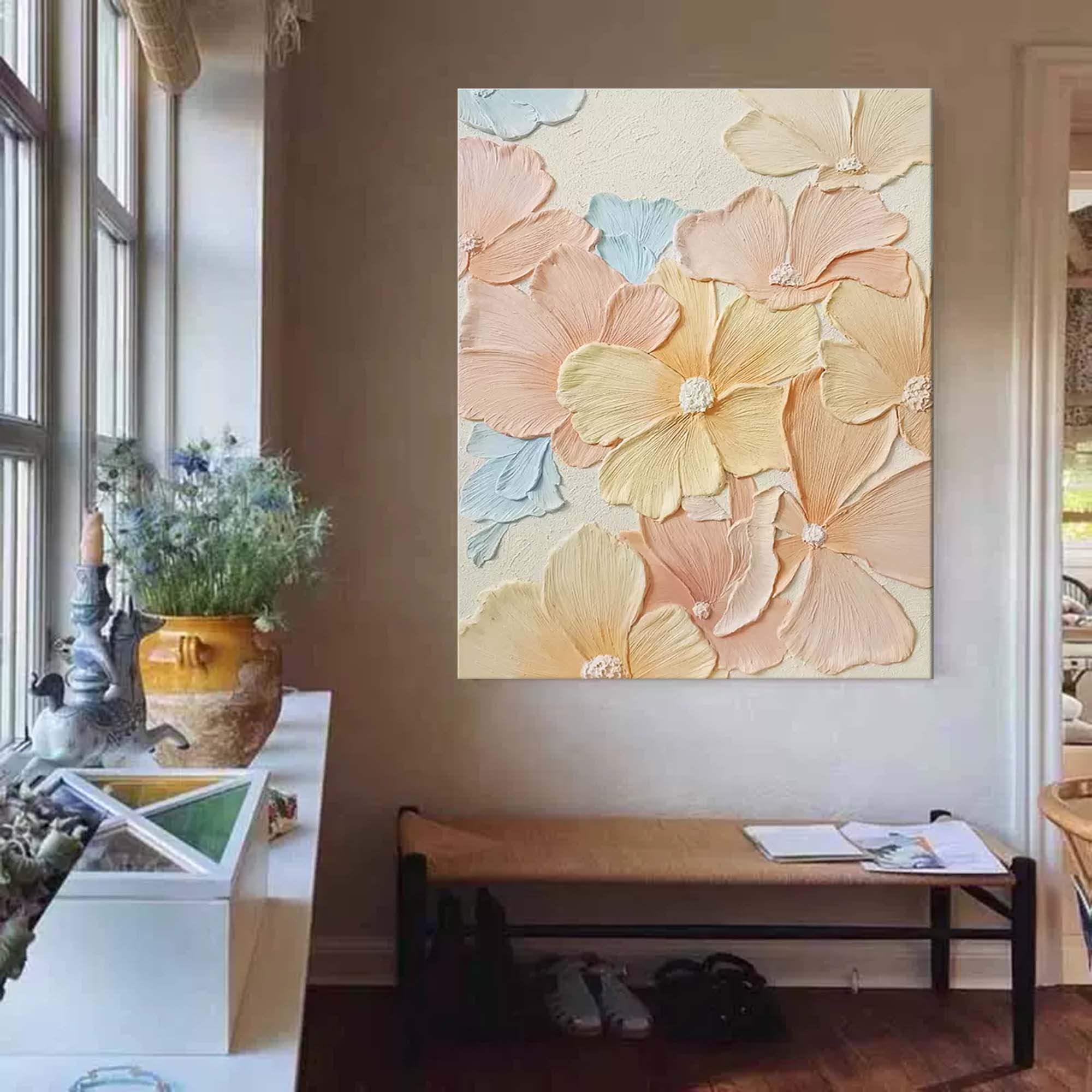 Pastel Petals - Textured 3D Flower Wall Art for Bedroom Decor