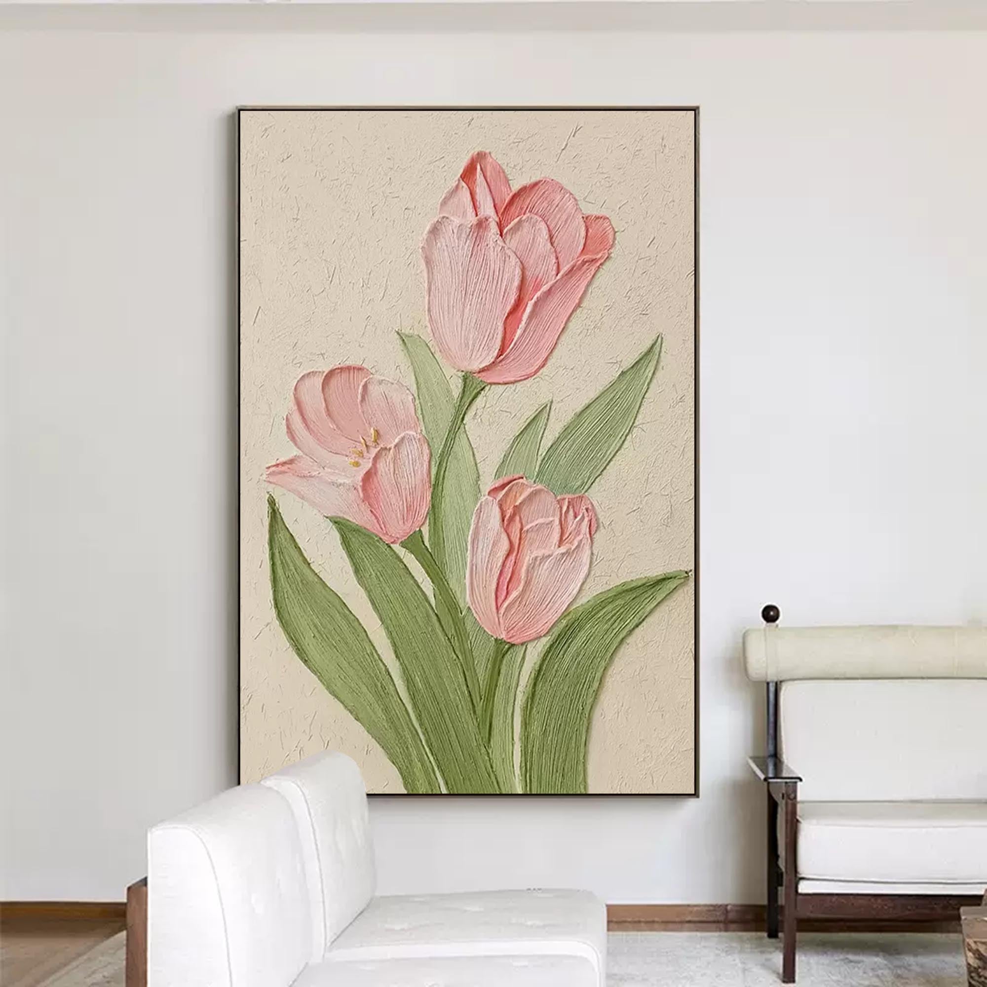 Blushing Tulips - Textured Pink Canvas Wall Art with Green Leaves