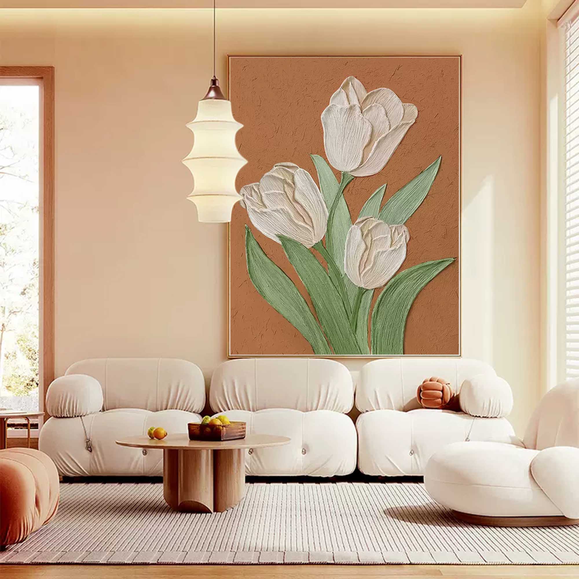 Earthen Tulips - Textured Terracotta and White Tulip Wall Art