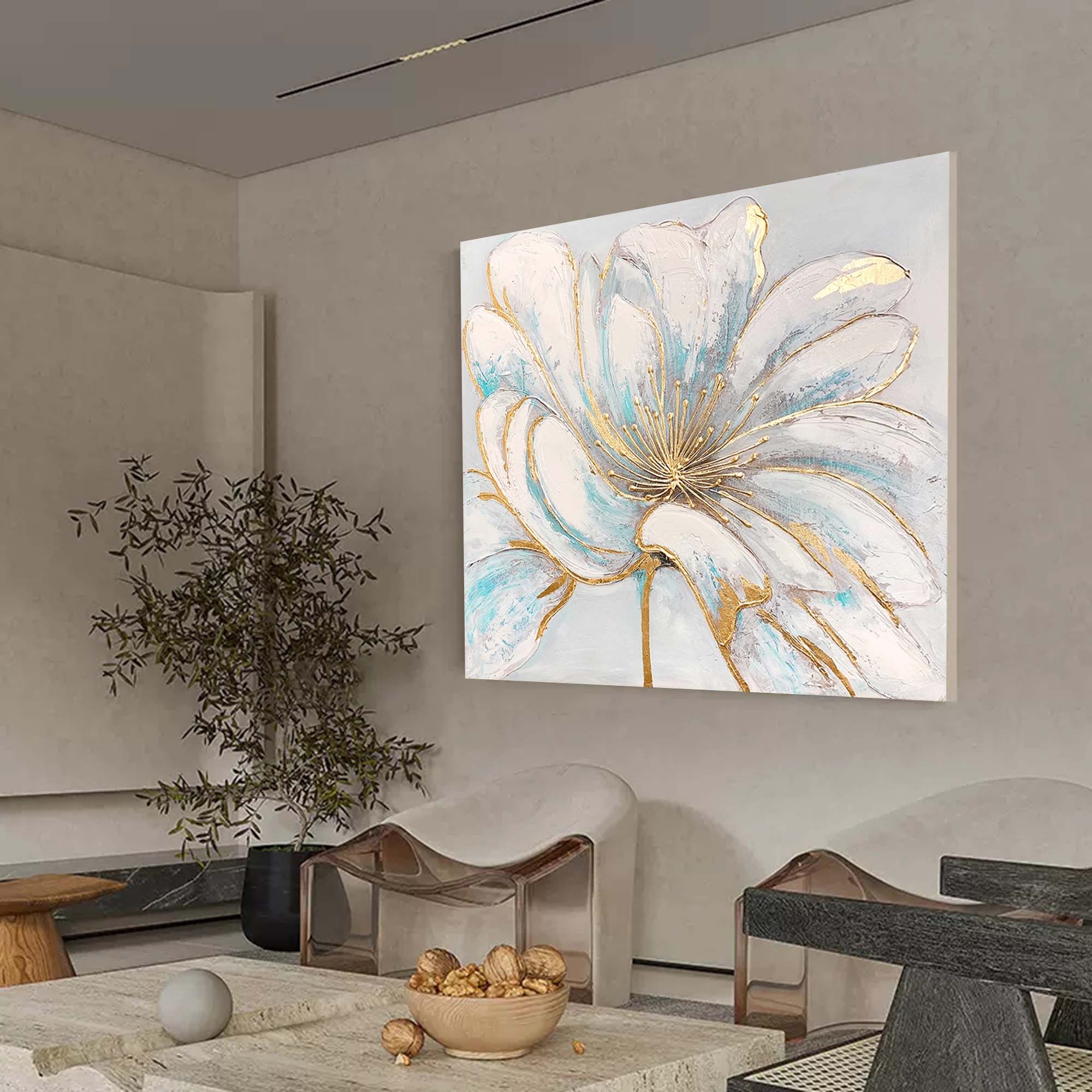 Gilded Bloom - Elegant White Gold Wall Art, Modern Floral Painting
