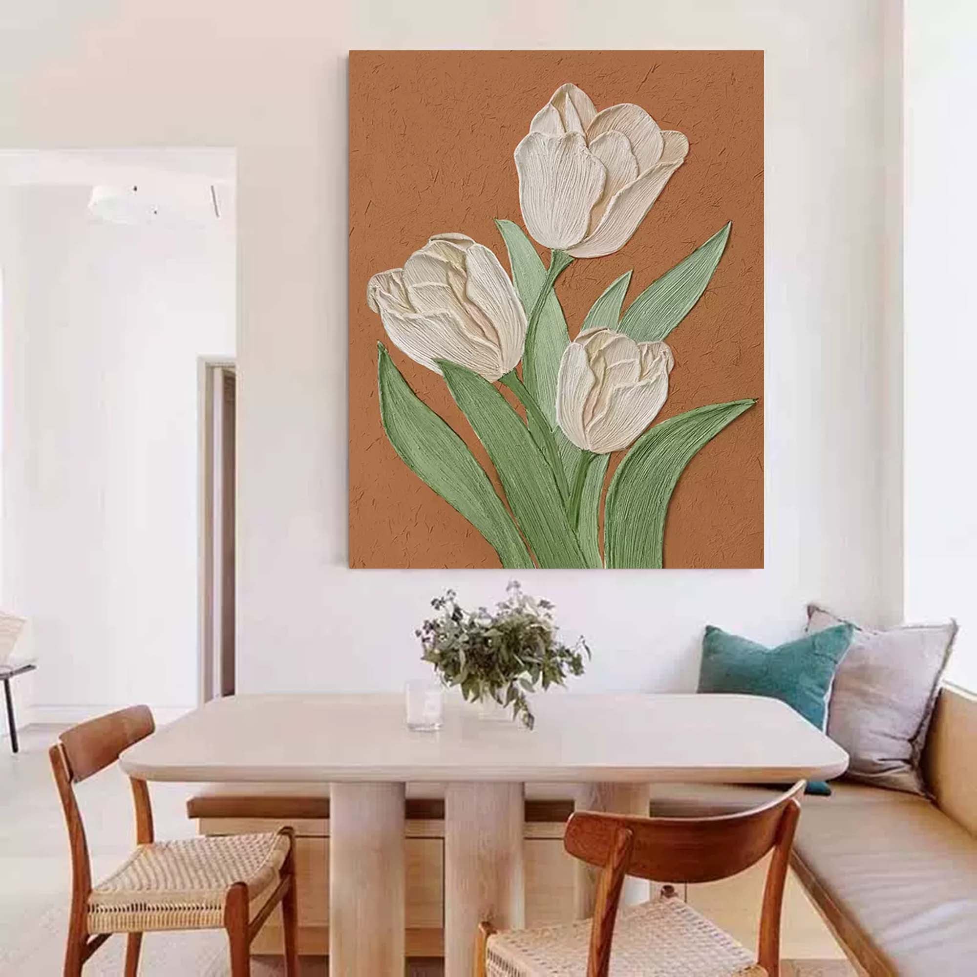 Earthen Tulips - Textured Terracotta and White Tulip Wall Art