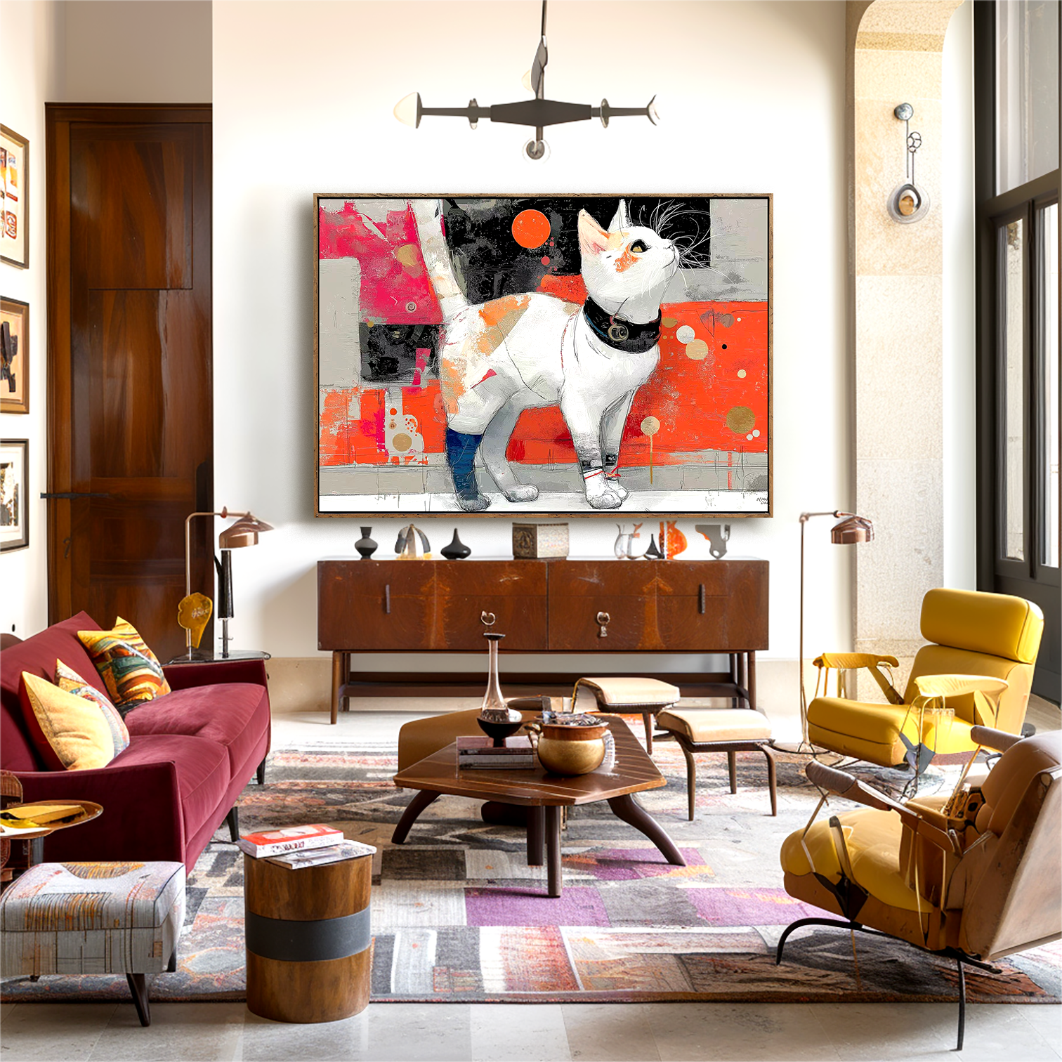 Urban Whiskers: Textured Graffiti Cat Painting with Vibrant Pop Art Colors