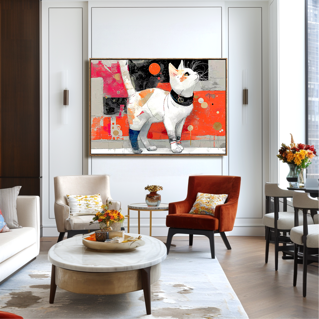 Urban Whiskers: Textured Graffiti Cat Painting with Vibrant Pop Art Colors