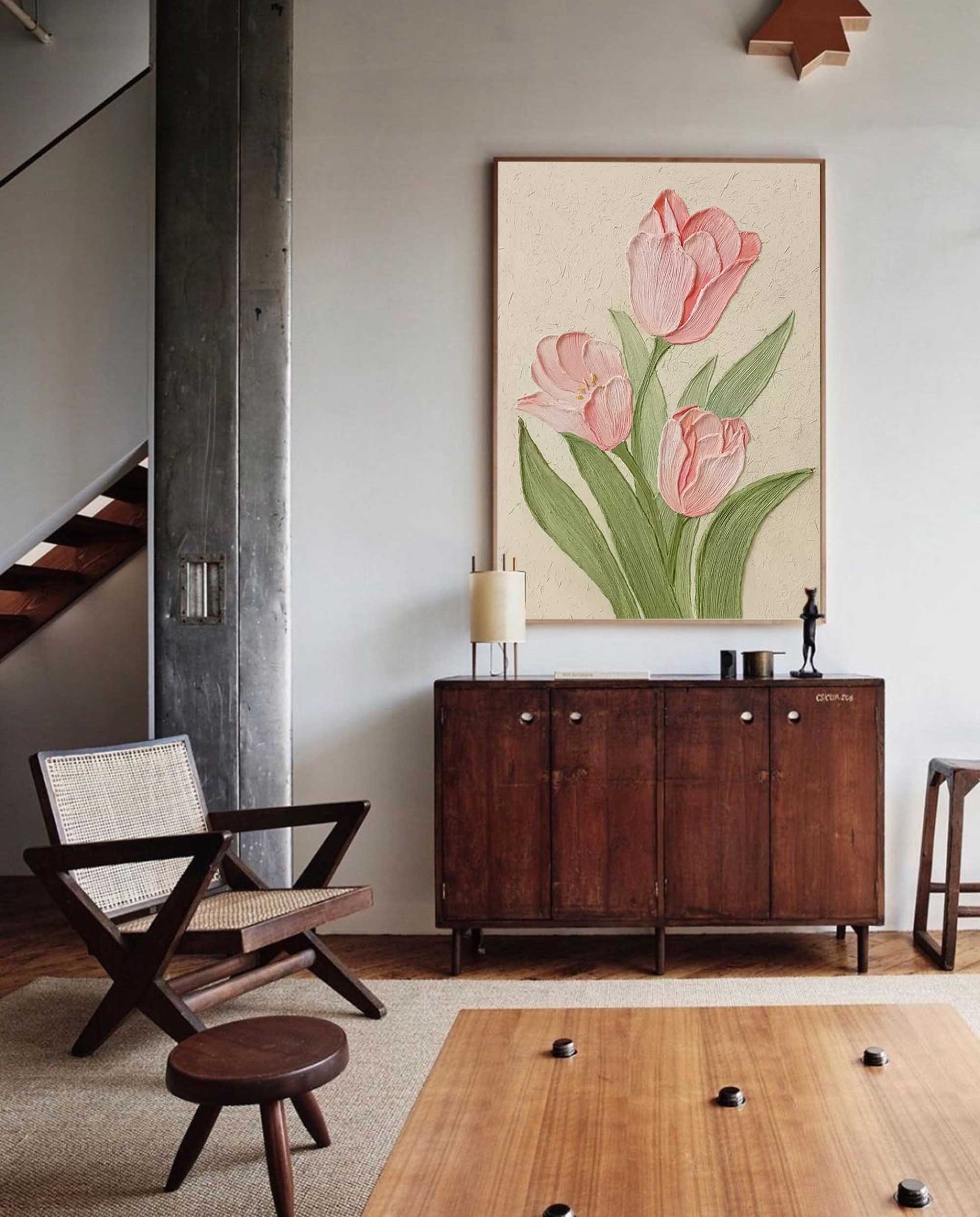 Blushing Tulips - Textured Pink Canvas Wall Art with Green Leaves