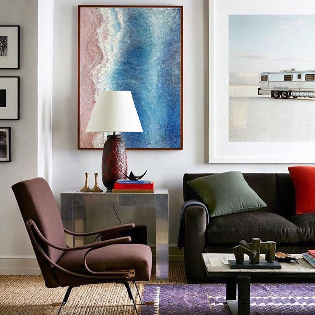 Serene Shore - Textured Ocean Wall Art, Pink Sand Beach Painting