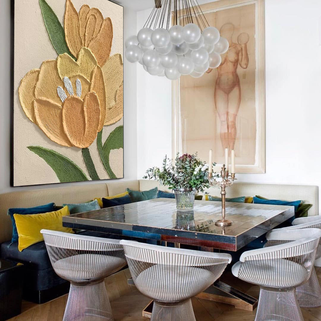 Golden Hour Tulips - Textured Yellow Tree Painting with White Accents