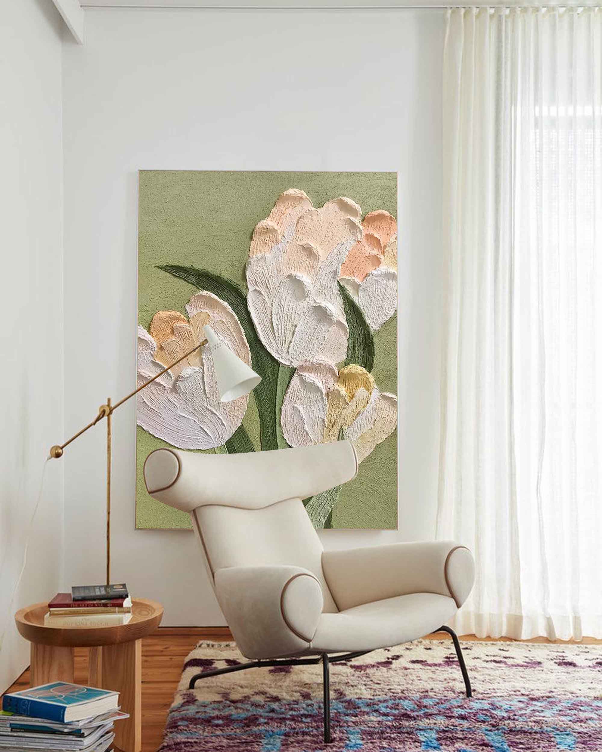 Sage Garden - Green and Peach Sculptural Wall Art, Impasto Floral Painting