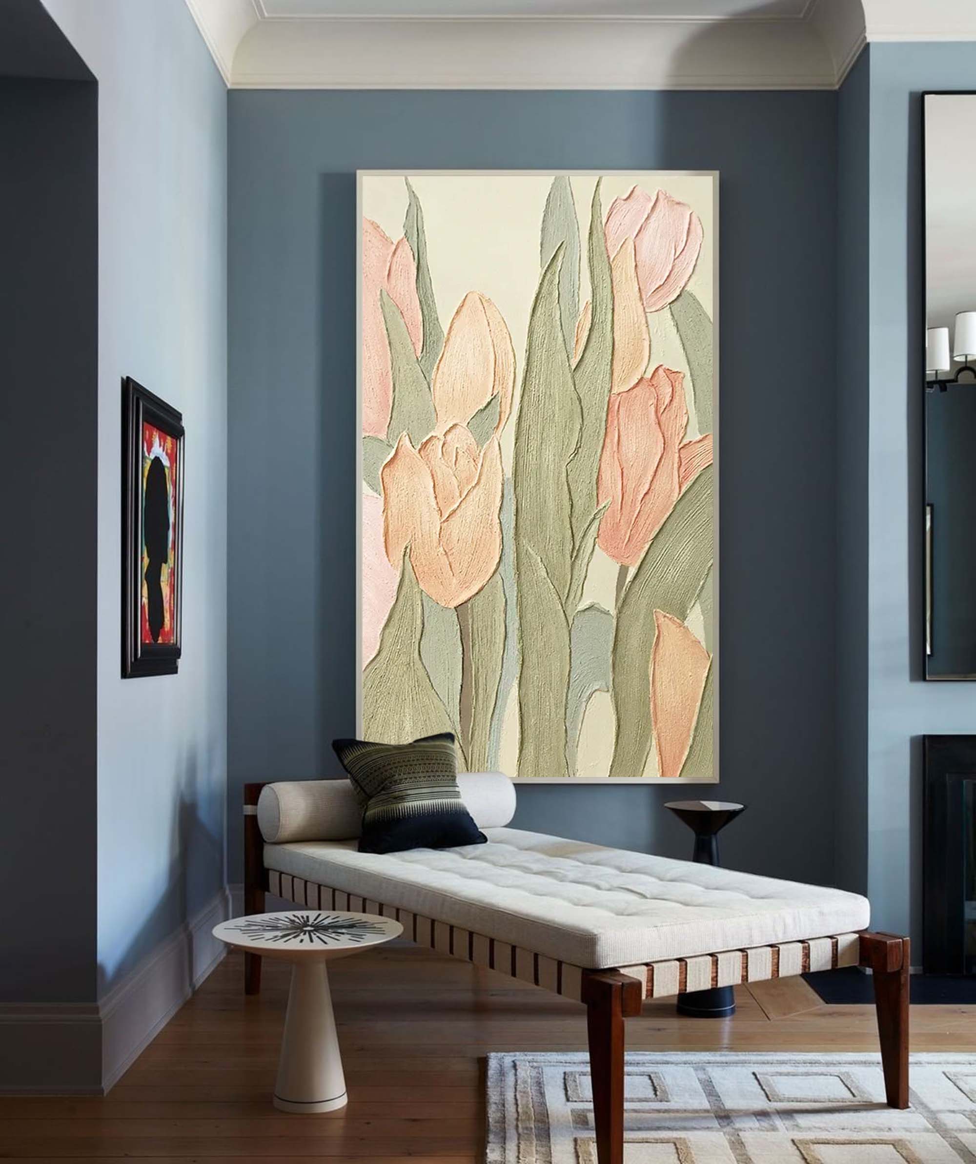 Pastel Tulips - Tall Vertical Wall Art with Heavy Texture