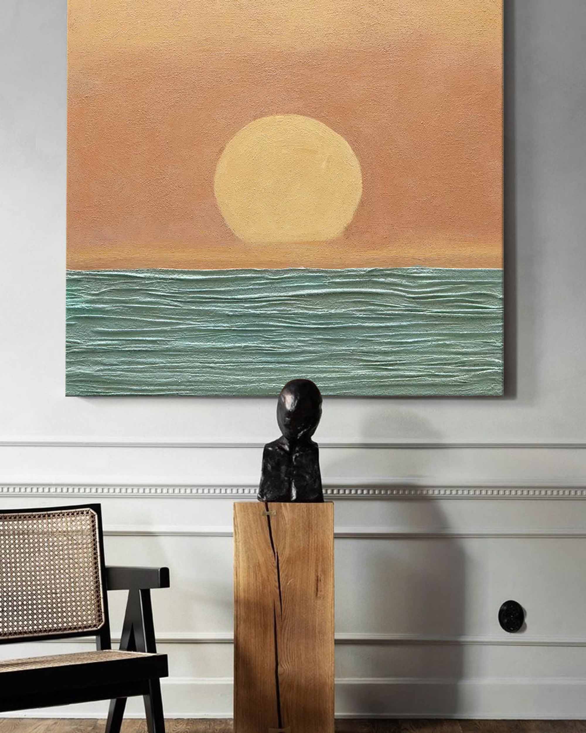 Golden Sun - Minimalist Sunset Painting Abstract, Textured Ocean Wall Art
