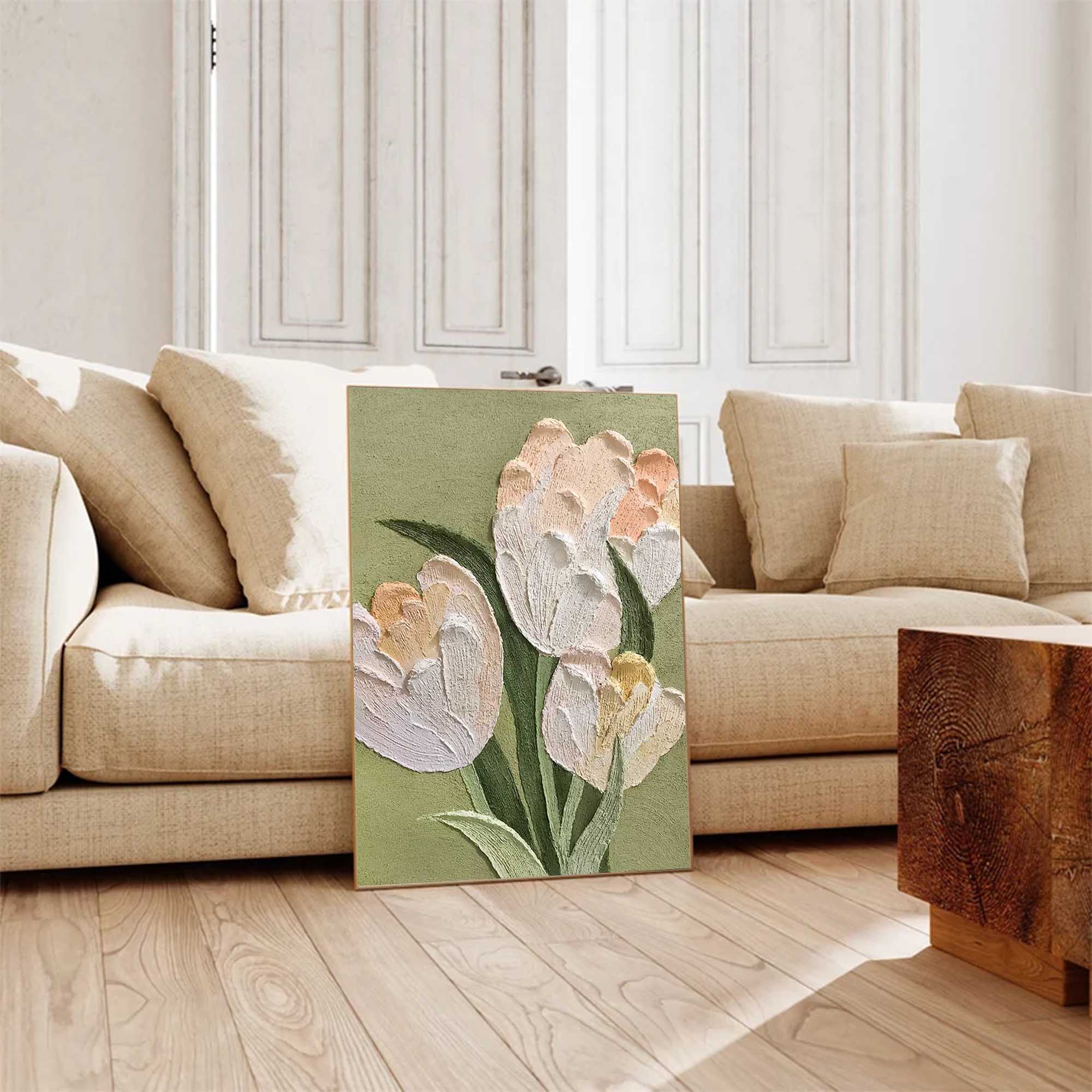 Sage Garden - Green and Peach Sculptural Wall Art, Impasto Floral Painting