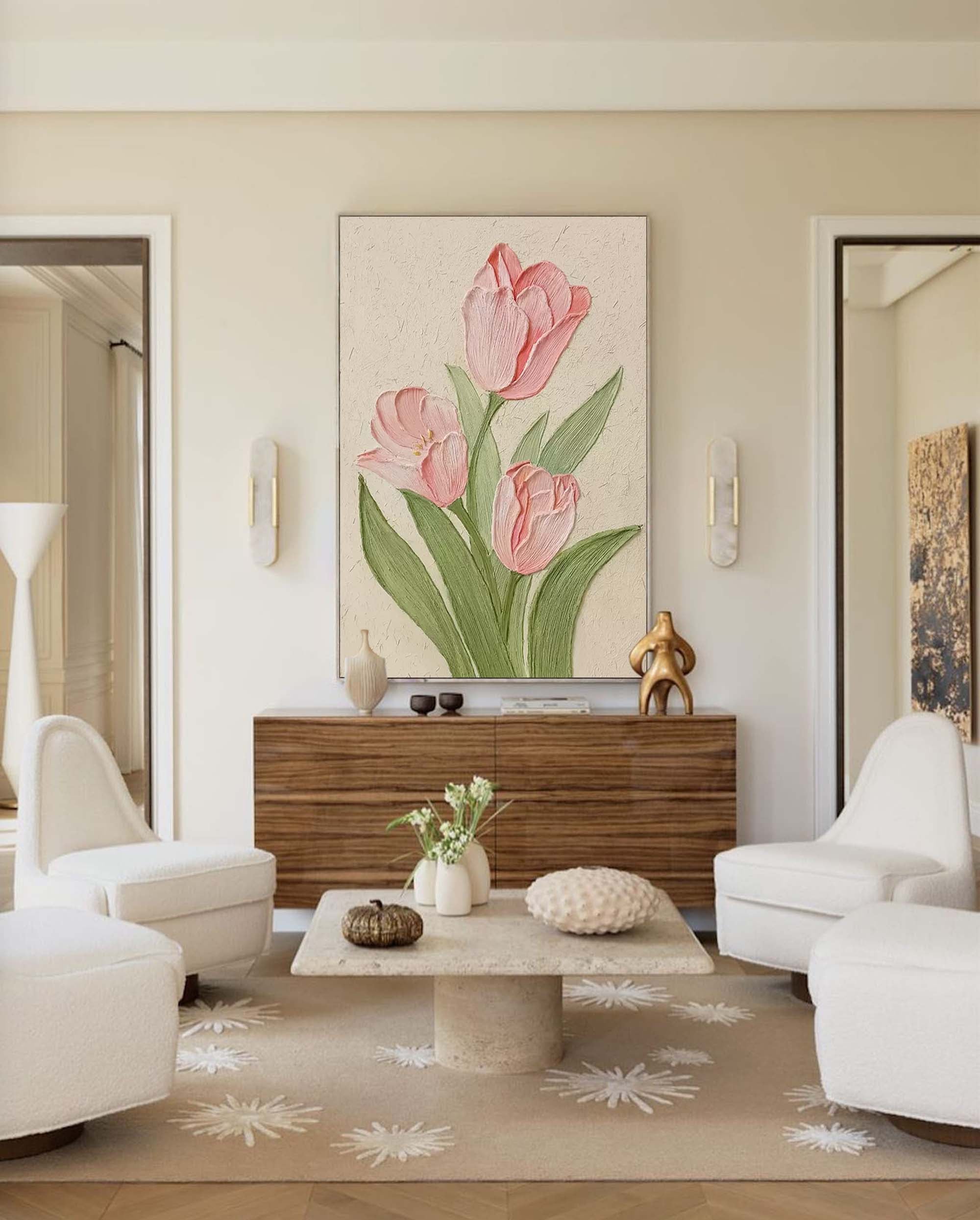 Blushing Tulips - Textured Pink Canvas Wall Art with Green Leaves