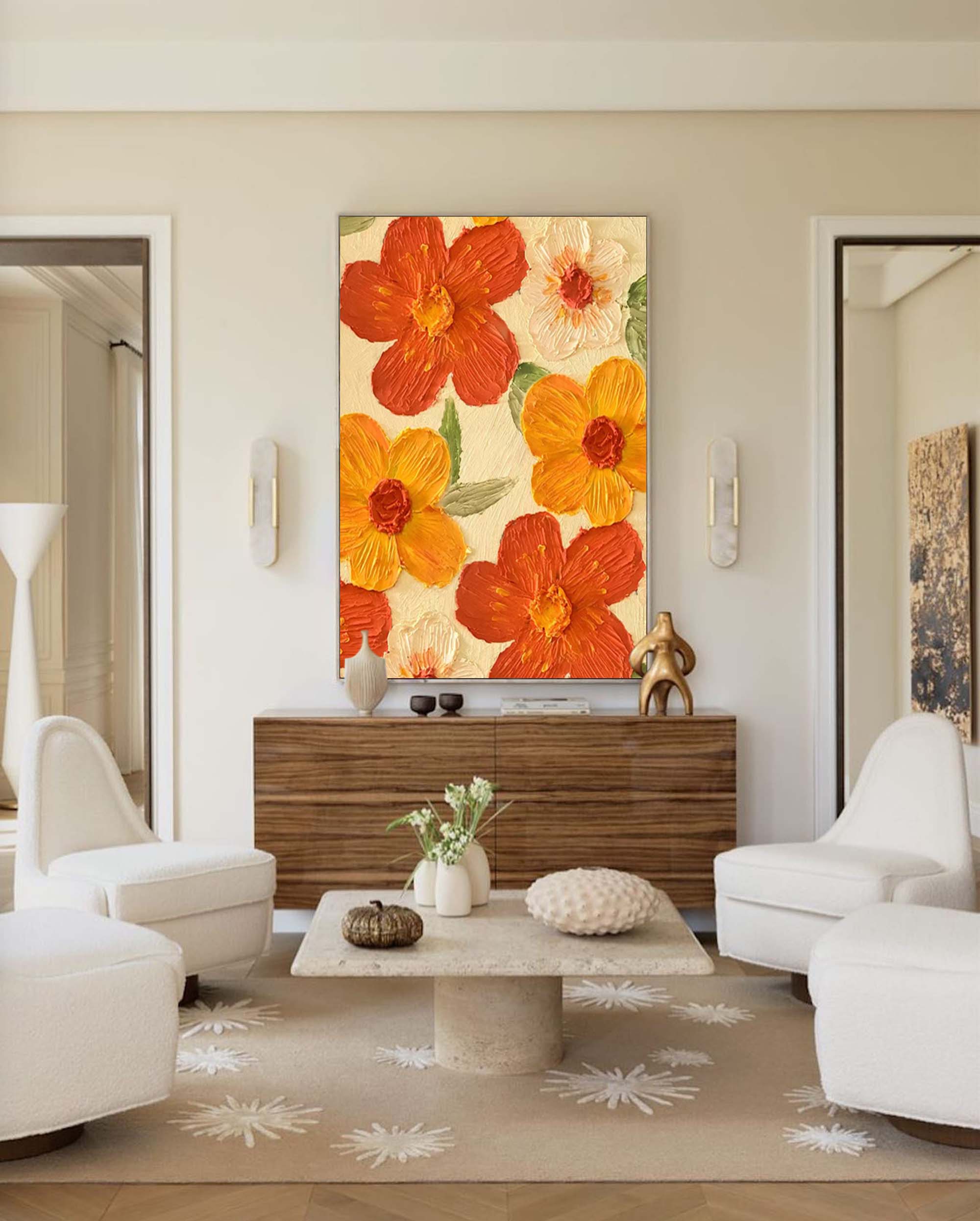 Warm Blooms - Textured Abstract Flower Paintings for Walls
