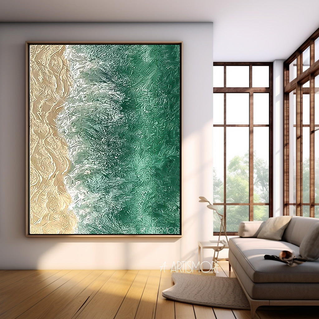 Emerald Shore - Textured 3D Ocean Painting and Coastal Wall Art