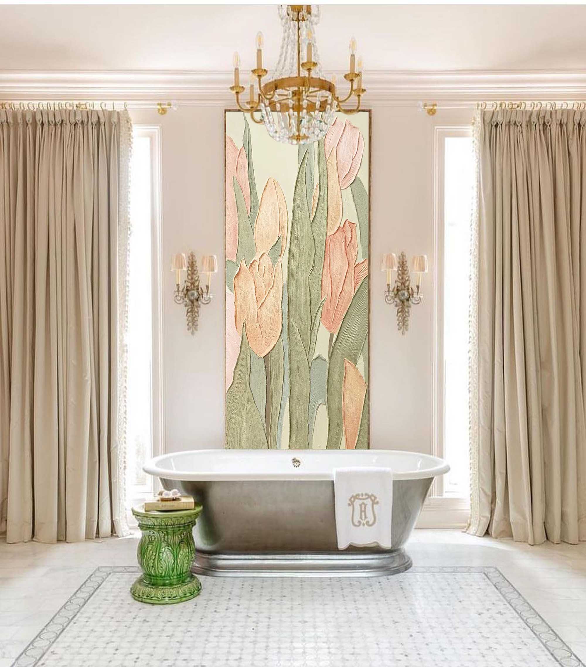 Pastel Tulips - Tall Vertical Wall Art with Heavy Texture