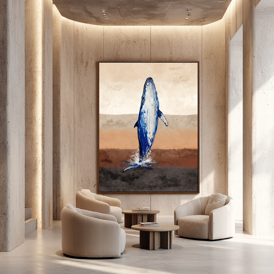 Blue Whale Splash on Earth-Tone Horizon Wall Art