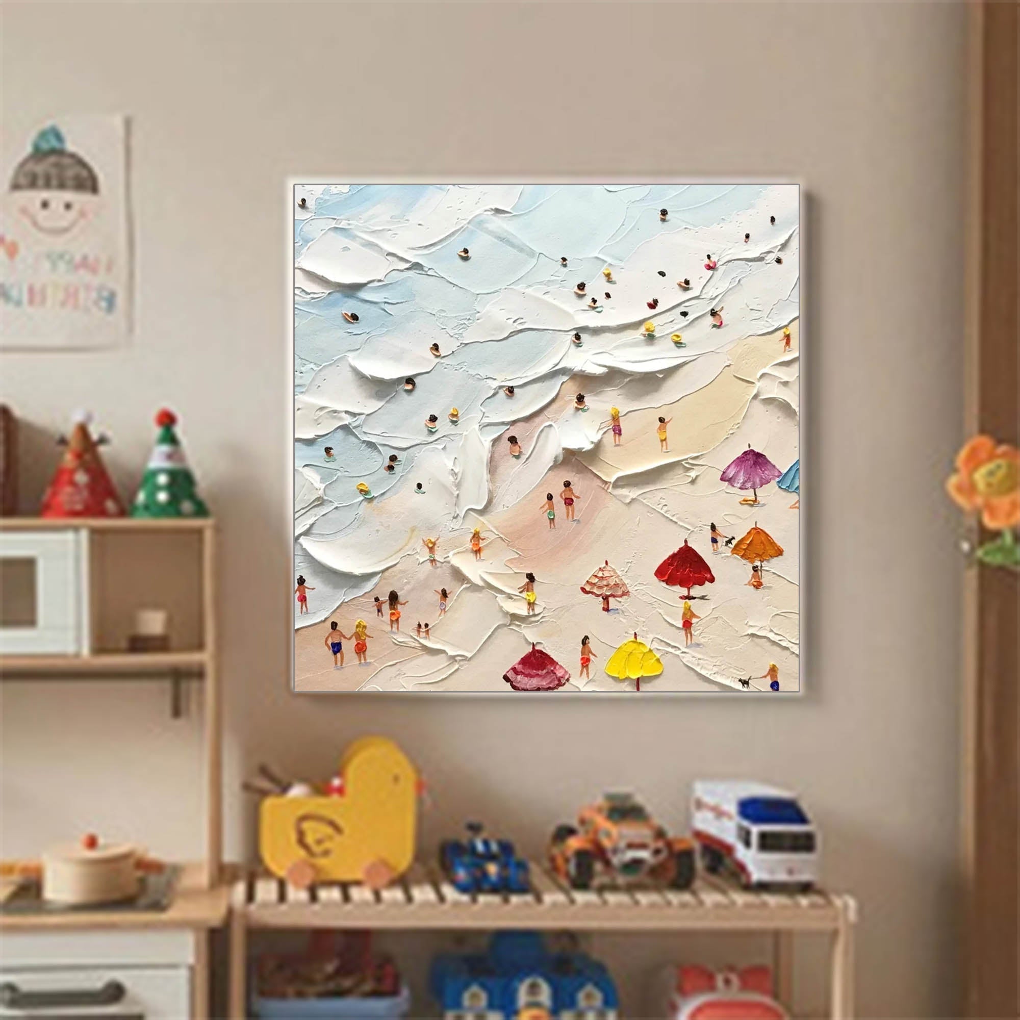 Summer Day - Textured Beach Scene Wall Art with Umbrellas