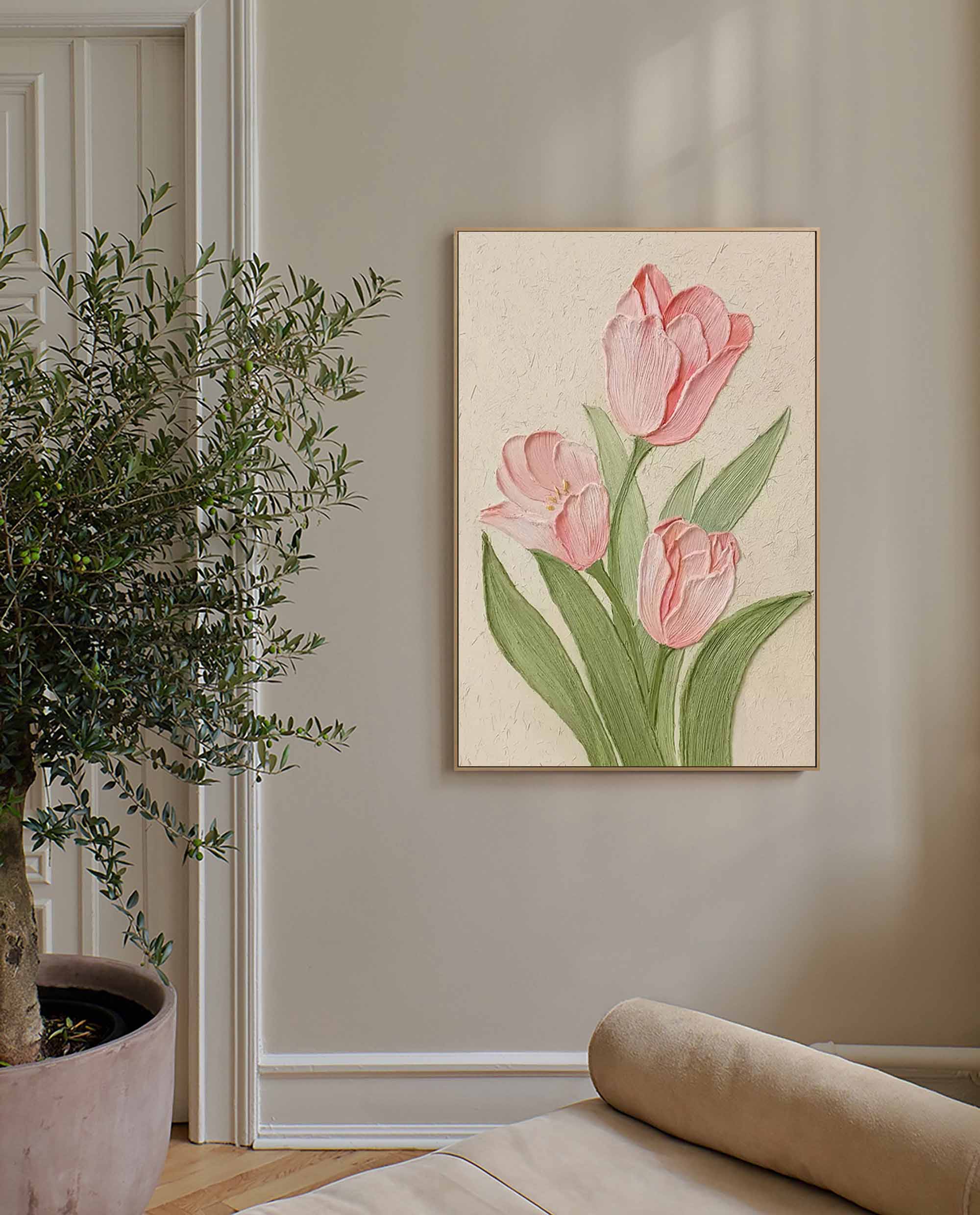 Blushing Tulips - Textured Pink Canvas Wall Art with Green Leaves