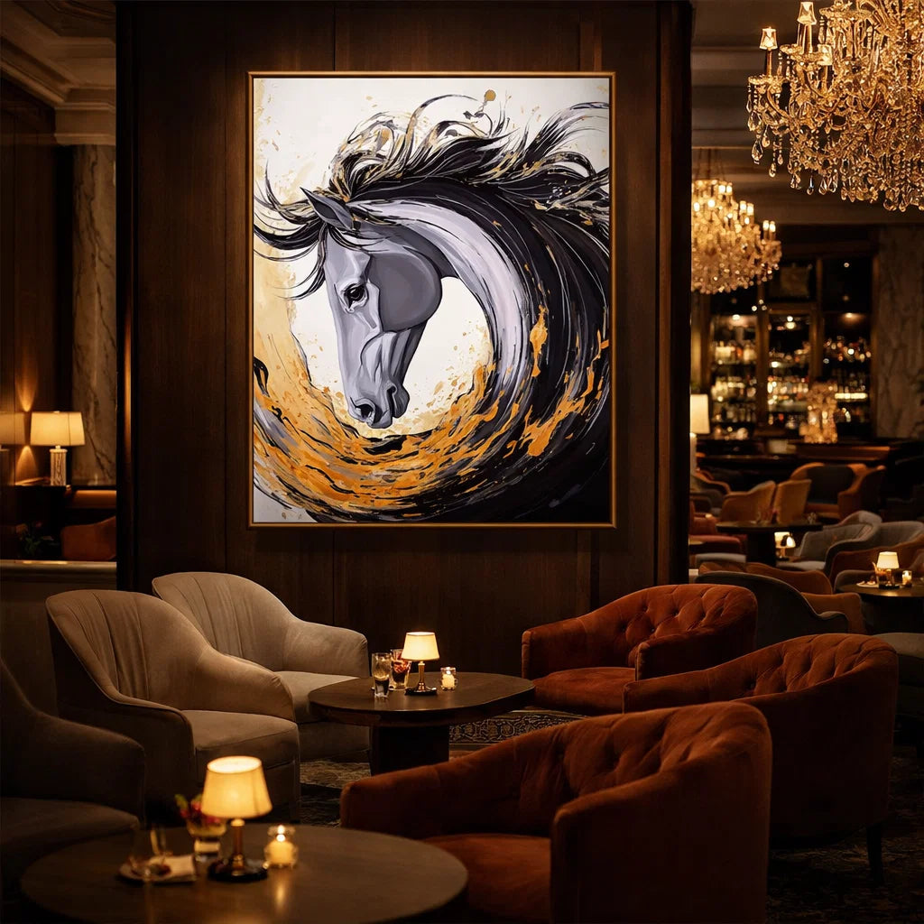 Gilded Spirit: Textured Abstract Horse Portrait with Gold Accents for Modern Decor