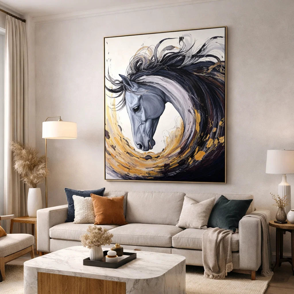 Gilded Spirit: Textured Abstract Horse Portrait with Gold Accents for Modern Decor