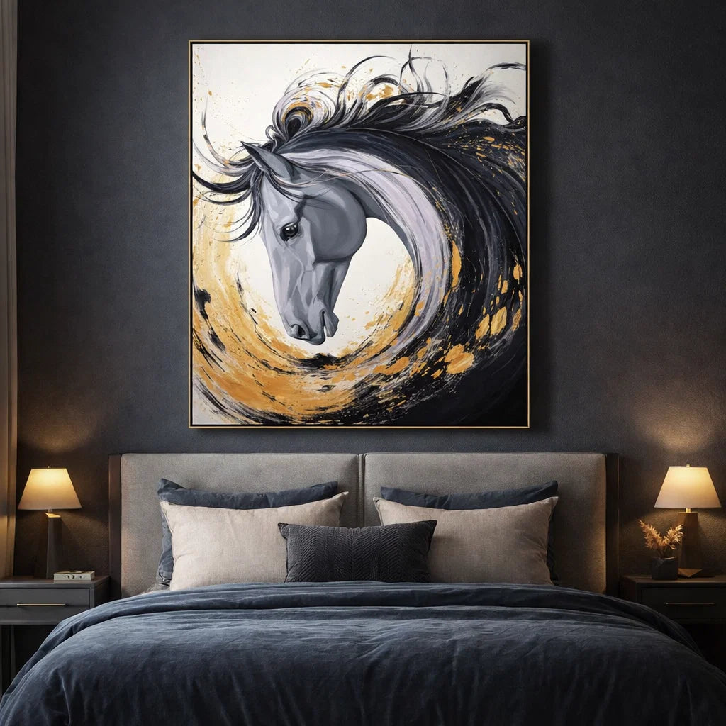 Gilded Spirit: Textured Abstract Horse Portrait with Gold Accents for Modern Decor