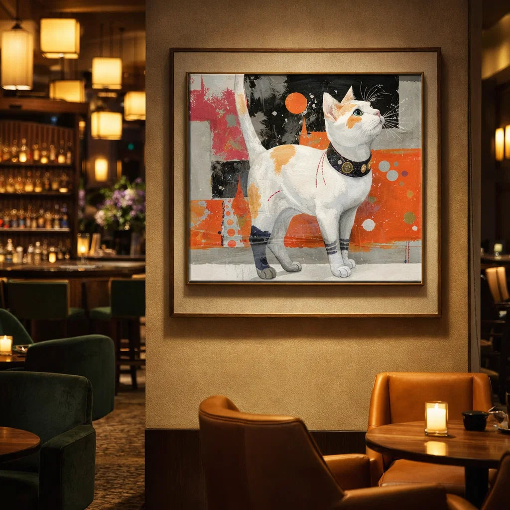 Urban Whiskers: Textured Graffiti Cat Painting with Vibrant Pop Art Colors