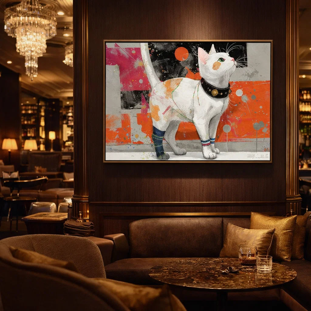 Urban Whiskers: Textured Graffiti Cat Painting with Vibrant Pop Art Colors