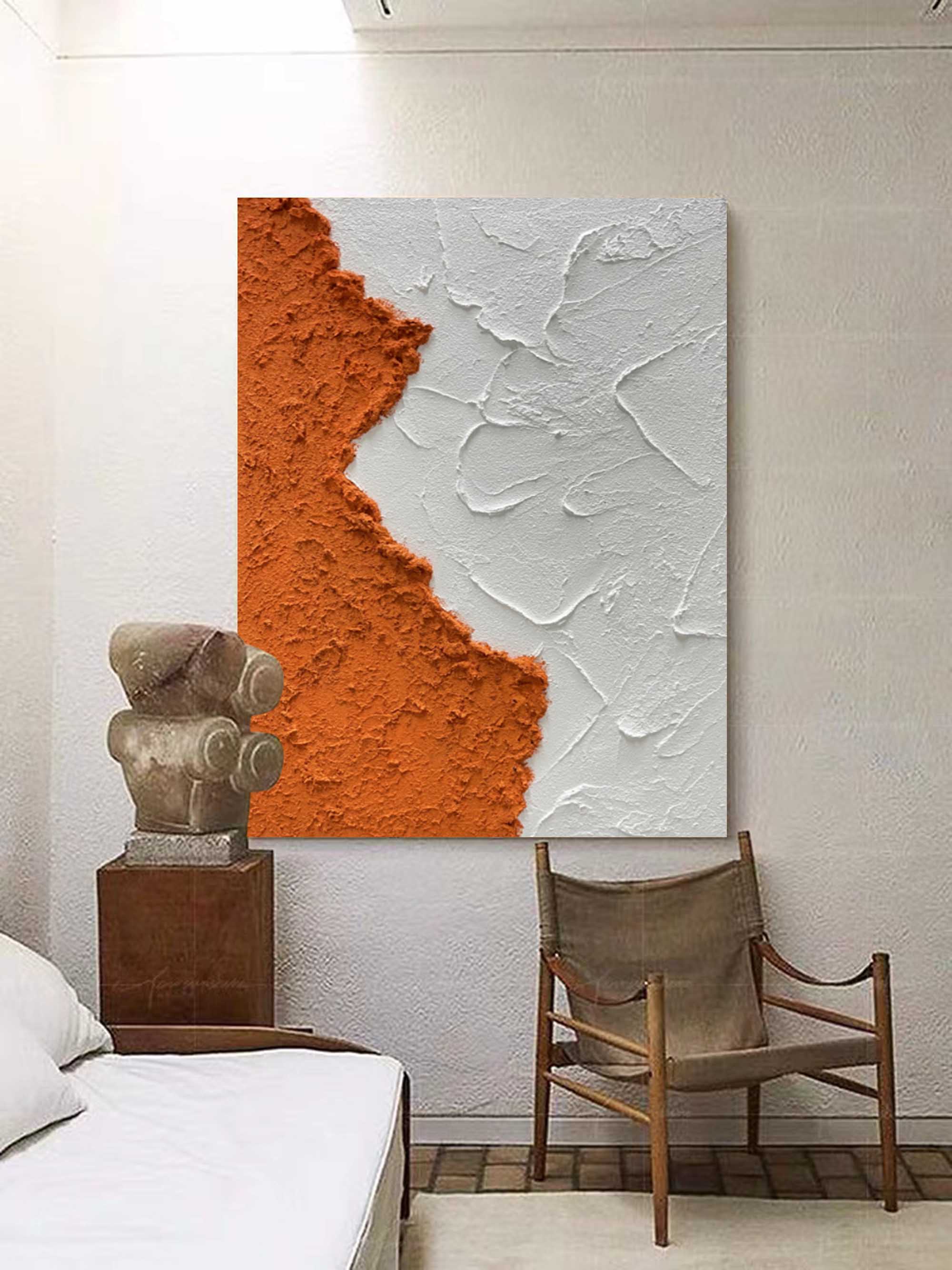 Terracotta Split - Orange Wall Art White Textured Minimalist Canvas