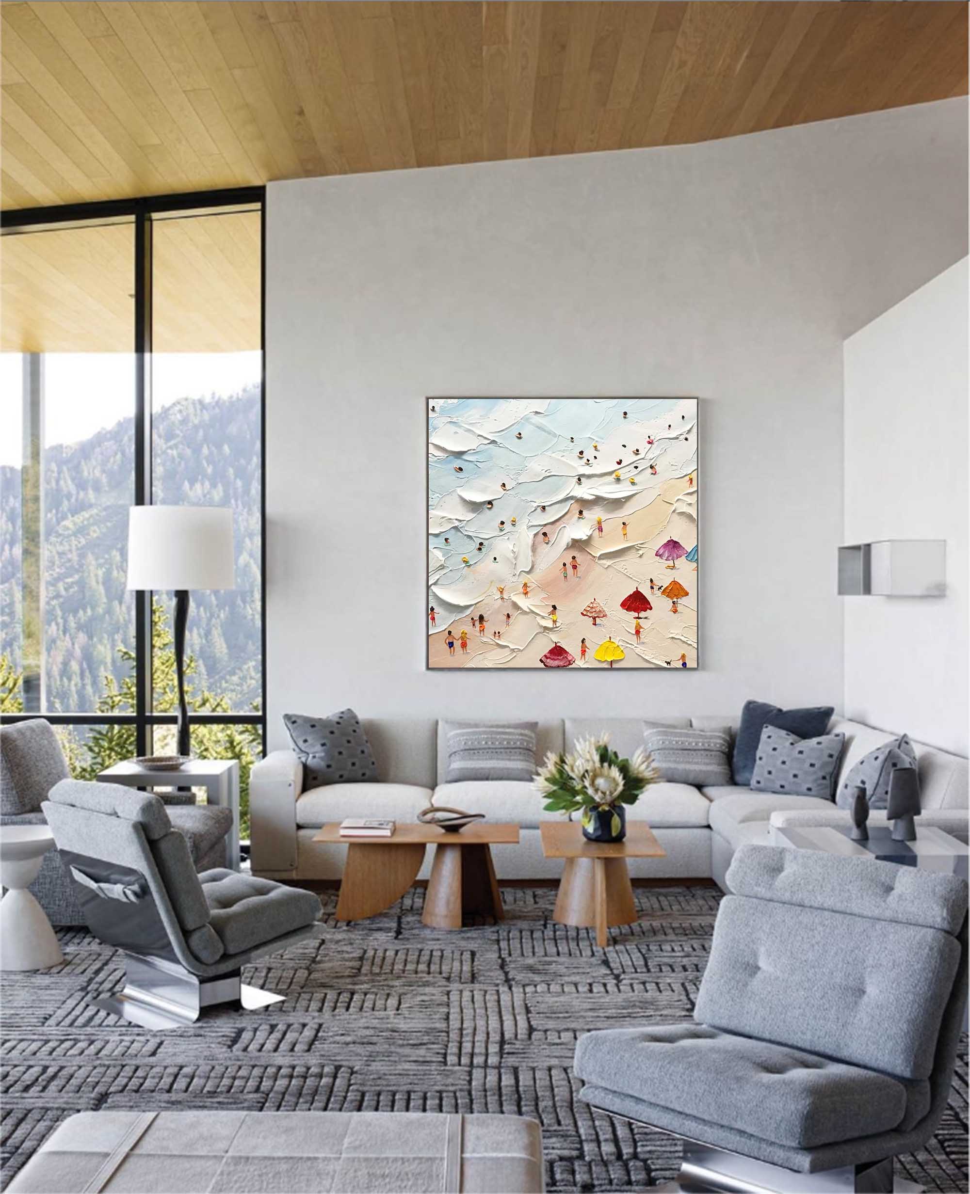 Summer Day - Textured Beach Scene Wall Art with Umbrellas