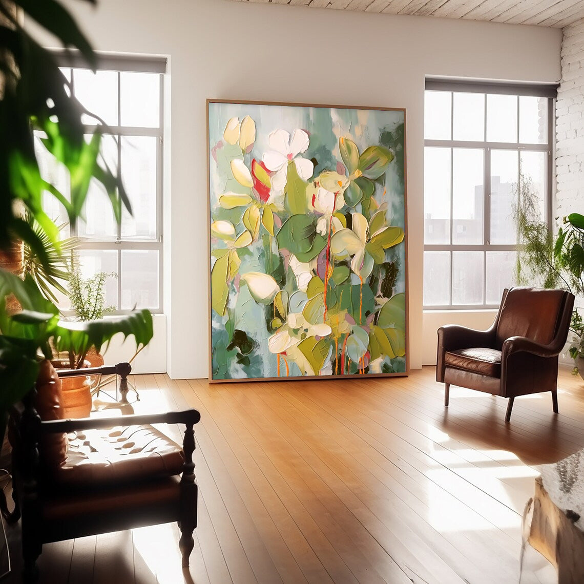 Botanical Impasto - Textured Floral Oil Painting with White Flowers