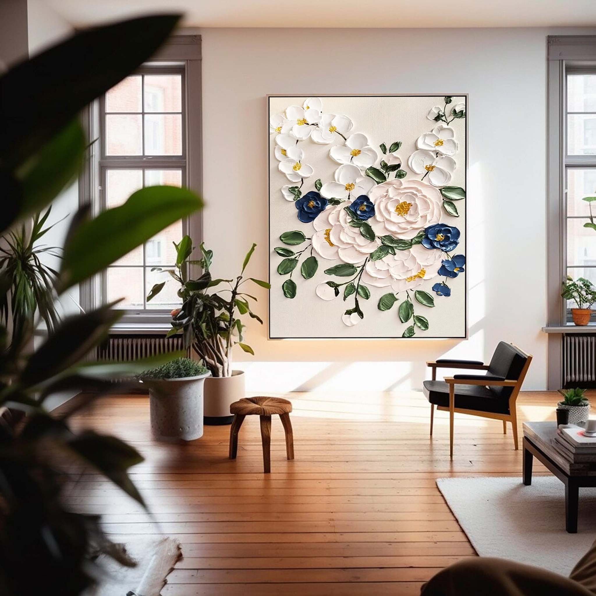 Timeless Bouquet - Elegant 3D White Flower Wall Art with Blue Accents