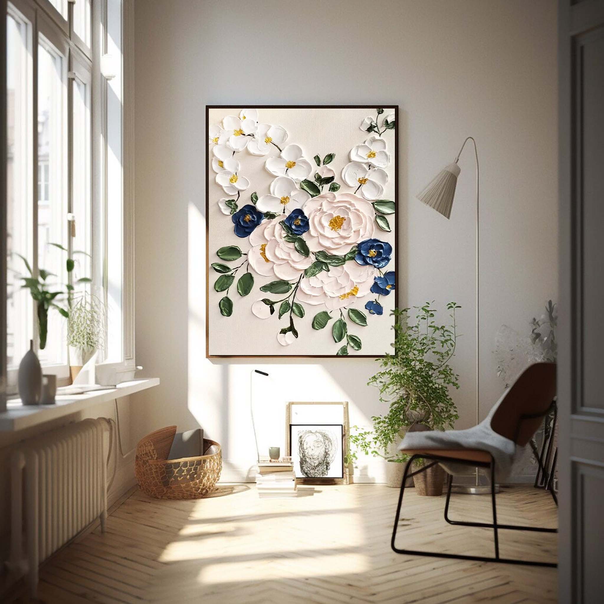 Timeless Bouquet - Elegant 3D White Flower Wall Art with Blue Accents